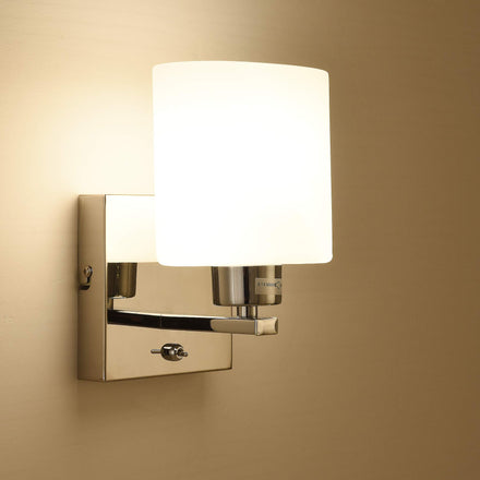 ELINKUME 1xE14 Wall Light with ON/Off Toggle Switch, Polished Chrome Finish, Oval Cylinder Shape Glass Shade, Suitable for LED Upgrade