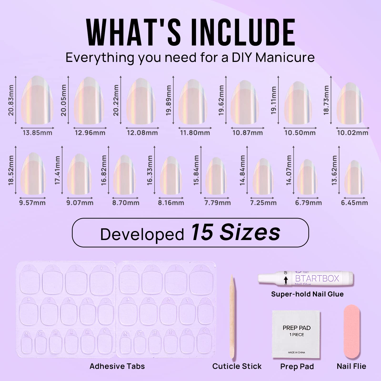 BTArtbox Press On False Nails Short - White French Tip Press On Nails Almond, 30 Pcs Soft Gel Fake Nail in 15 Sizes, Reusable Semi-Transparent Stick on Nails for Women, Classic
