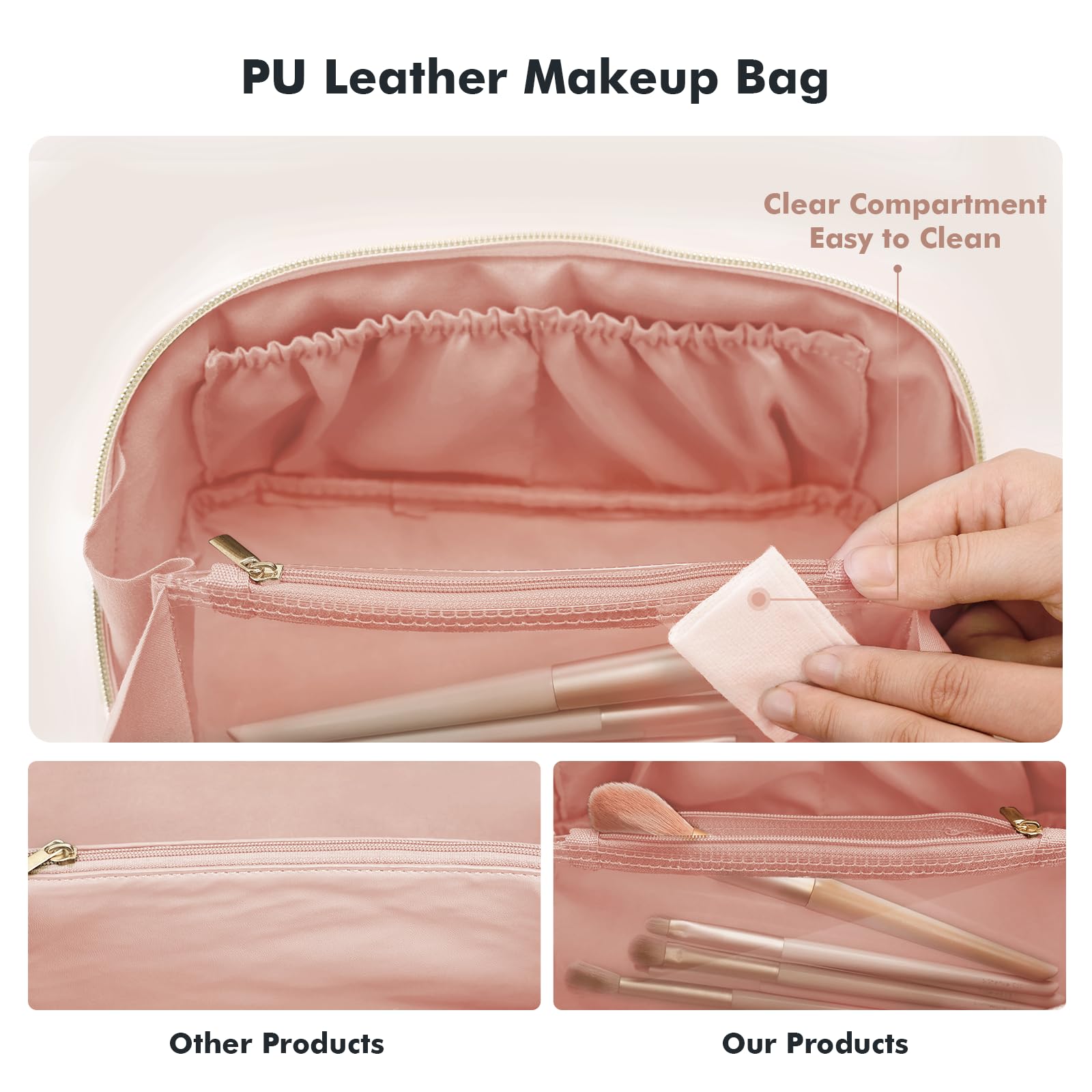 Prite Large Capacity Makeup Bag Portable Travel Cosmetic Bag Waterproof Toiletry Case with Clear Divider and Handle (Pink)