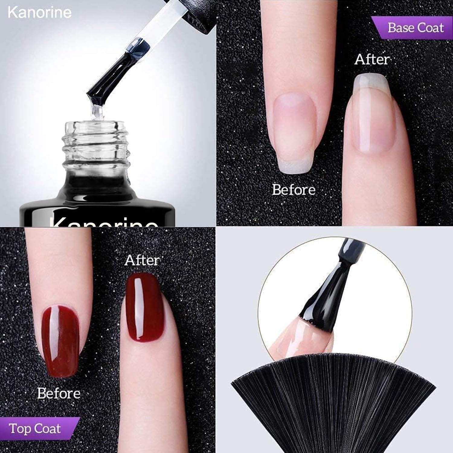 Kanorine™ No Wipe Top Coat and Base Coat Set Gel Nail Polish Soak-Off UV/LED Gel Nail Lacquer Shine Finish and Long Lasting,- 2 x 10ml