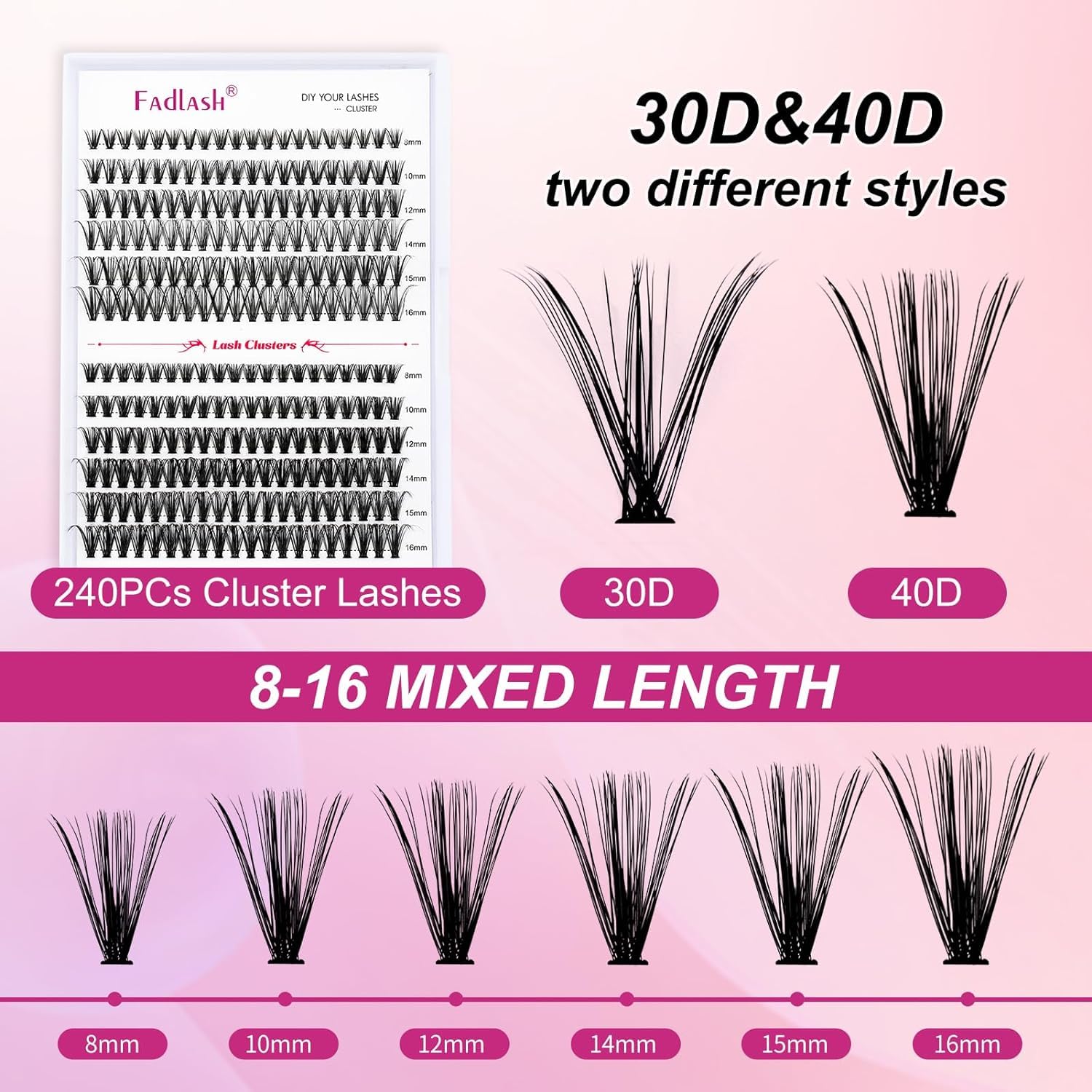 FADLASH DIY Lash Extension Kit Individual Lashes Clusters30P+40P D Curl 8-16mm Lash Bond and Seal, Clusters Lash Glue Remover and Eyelash Tweezers for Eyelash Extensions