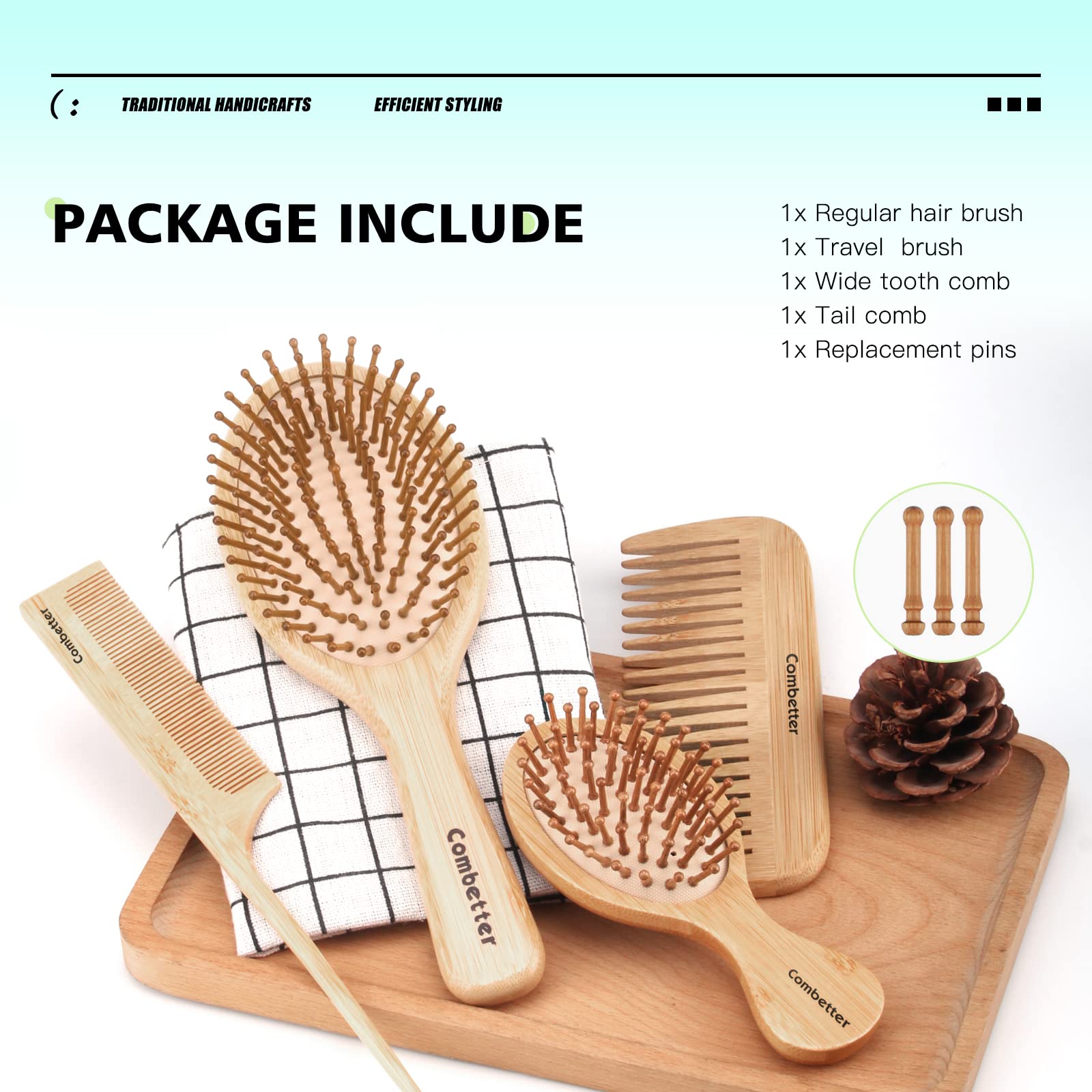 Combetter Bamboo Hairbrush and Comb Set - Natural Eco-Friendly Paddle Detangler with Scalp Massage for Women, Men, and Kids - Reduces Frizz and Promotes Healthy Hair Growth(4PCS)