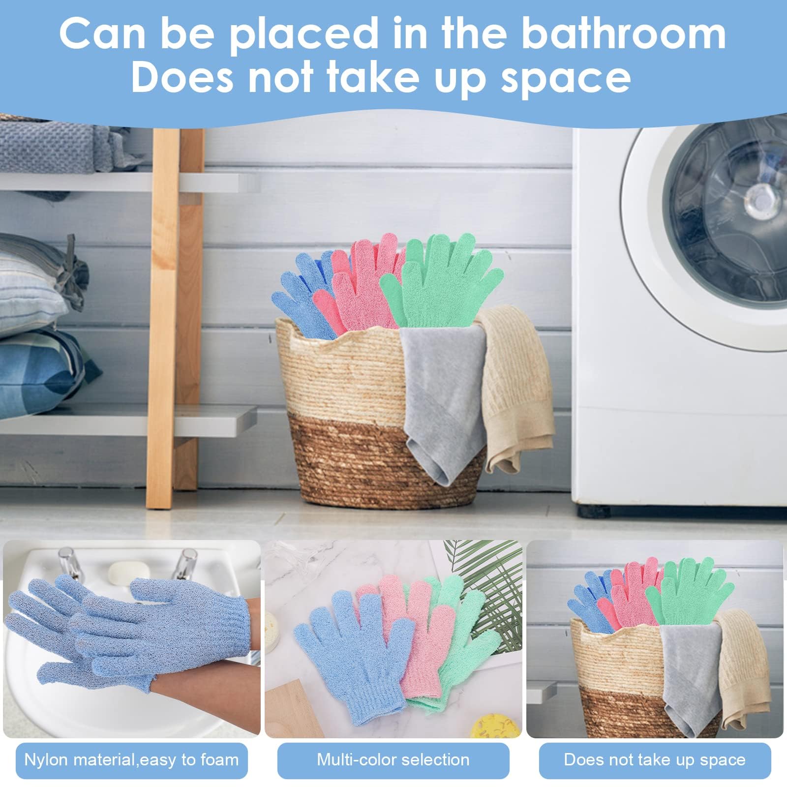 6Pcs Exfoliating Gloves - Bamboo Shower Gloves - Bath and Body Exfoliator Mitts - Scrubs Away Ingrown Hair and Dead Skin - for Shower, Spa, Massage and Dead Skin Cell Remover Loofah - Green,Blue,Pink