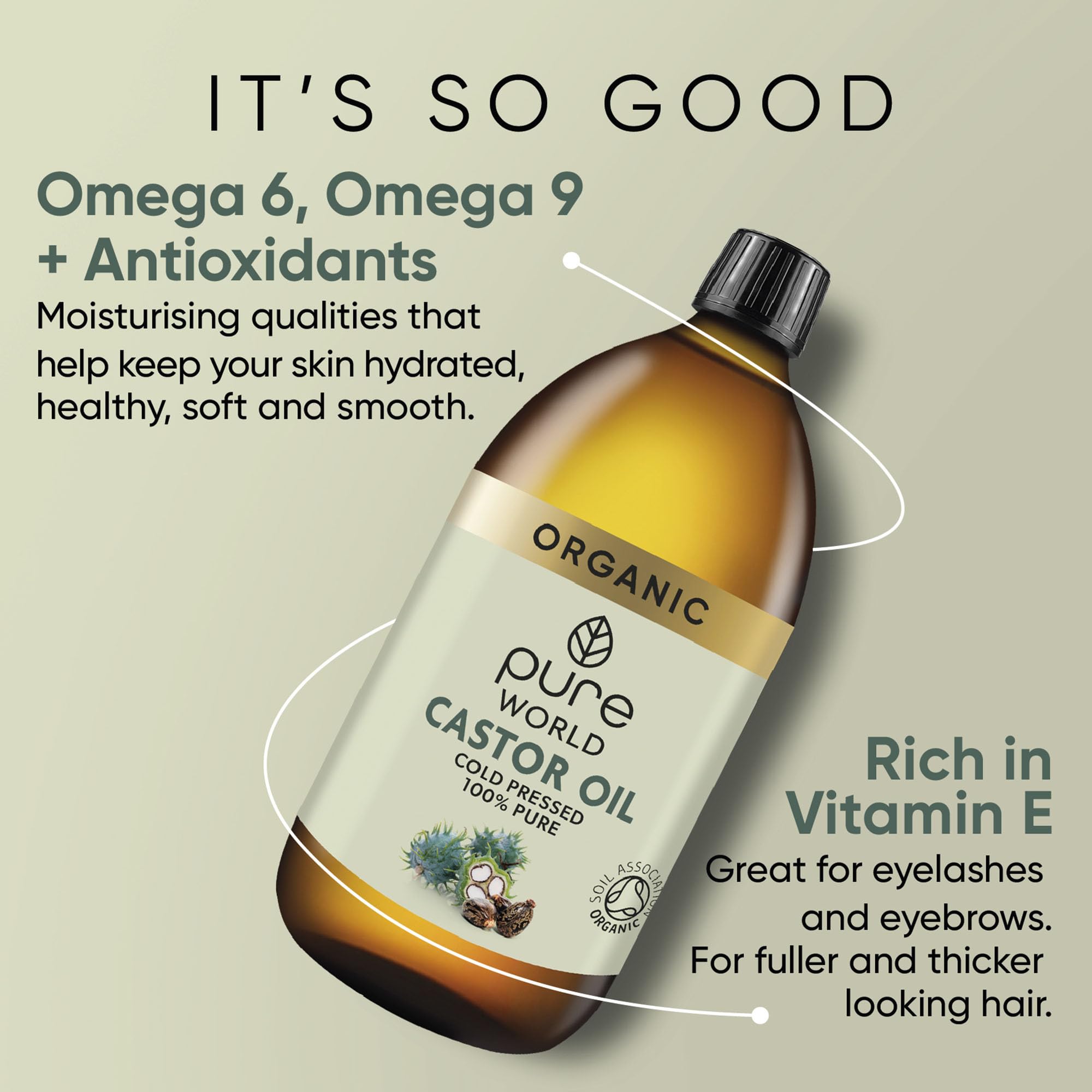 Pure World Natural Organic Castor Oil 1000ml Premium Quality Cold & Fresh Press Glass Bottle Hexane Free for Hair, Skin - Ideal for Moisturizing, Conditioning, and Eyelashes & Eyebrows- Food Grade