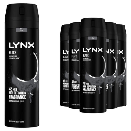 Lynx Pack of 6 XL Black 48 Hours High-Definition Fresh Frozen Pear & Cedarwood Scent Body Spray Deodorant with dual-action odor-busting zinc technology, 200ml