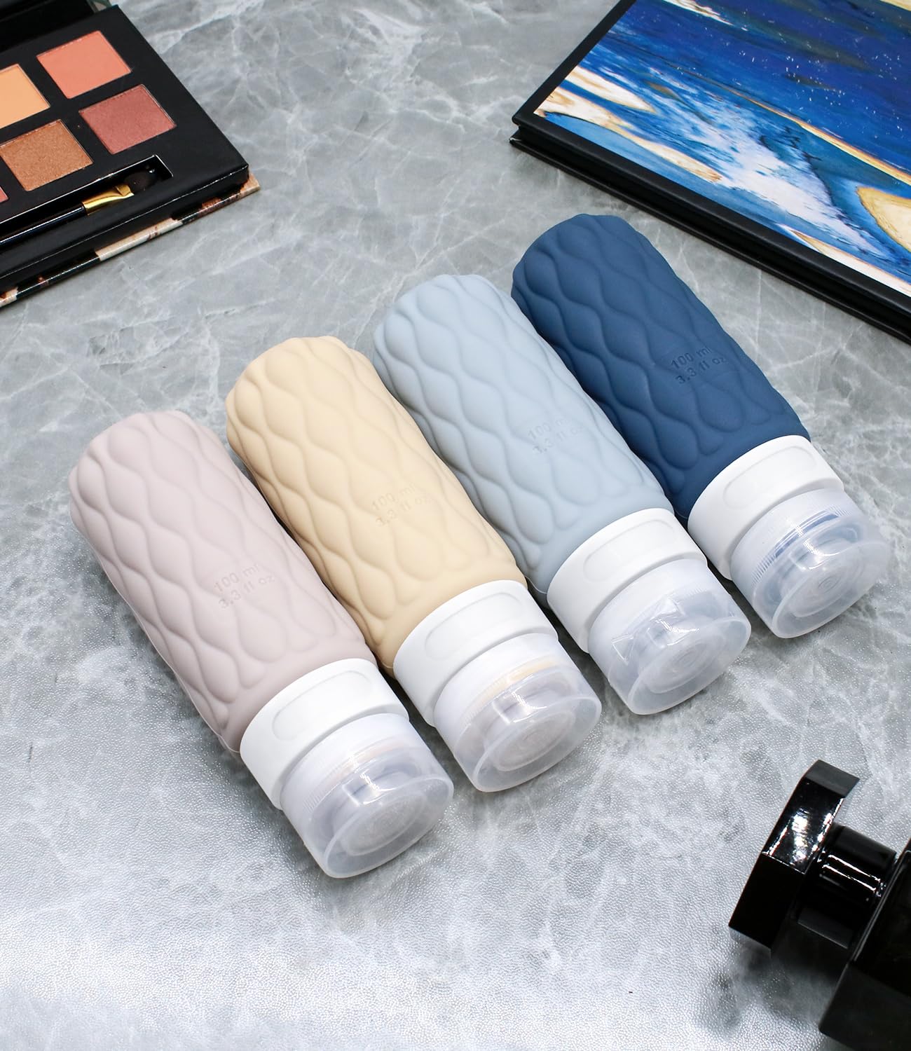 4 Pack Travel Bottles for Toiletries with Labels, 100ML Silicone Travel Bottles Set with Clear Zipper Toiletry Bag, Leakproof Refillable Squeeze Travel Size Containers for Shampoo Conditioner
