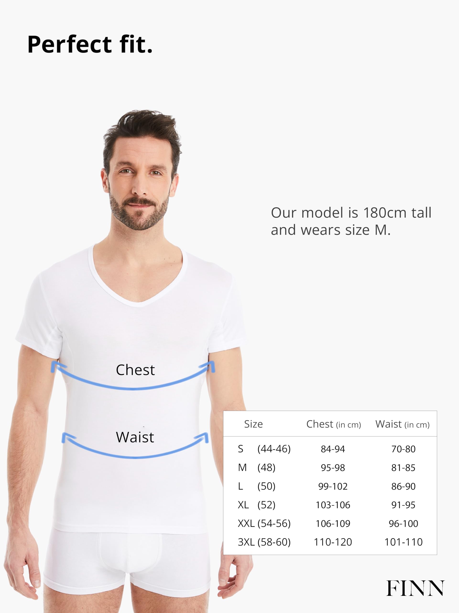 FINN Anti-Sweat Men's Shirt with V-Neck and Built-in Armpit Sweat Pads to Combat Excessive Sweating - Undershirt with Guaranteed Protection Against Sweat Stains and Odour White M