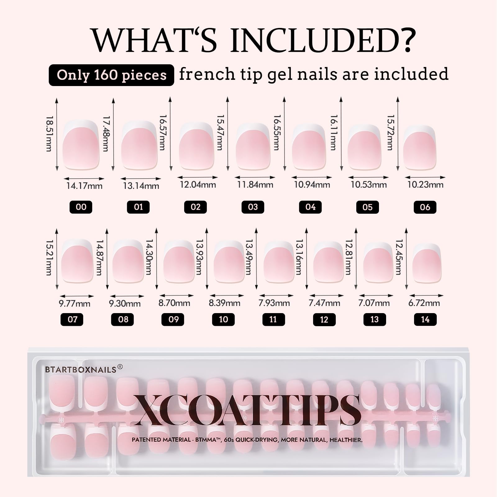 BTArtbox Extra Short Press on Nails- 150PCS XCOATTIPS French Tip False Nails, Soak Off Square Nail Tips, Pink Soft Gel Nail Tips for Gel Extensions in 15 Sizes