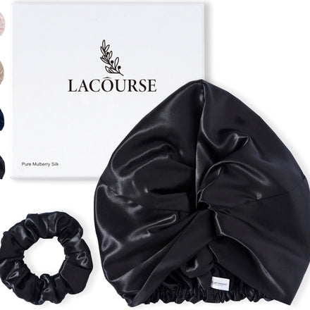 LaCourse 100% Genuine 22Momme Silk Bonnet for Sleeping, Double-Layered Mulberry Silk Hair Wrap with Premium Elastic Stay on Head. (One Size, Black)
