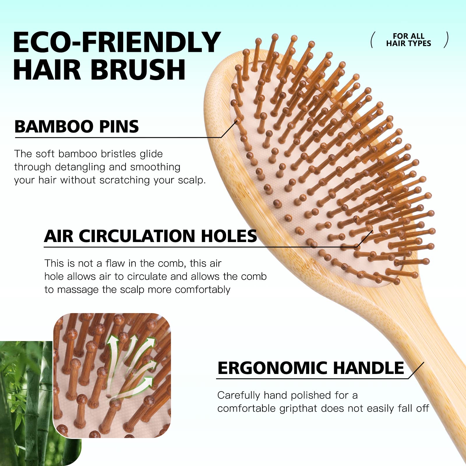 Combetter Bamboo Hairbrush and Comb Set - Natural Eco-Friendly Paddle Detangler with Scalp Massage for Women, Men, and Kids - Reduces Frizz and Promotes Healthy Hair Growth(4PCS)
