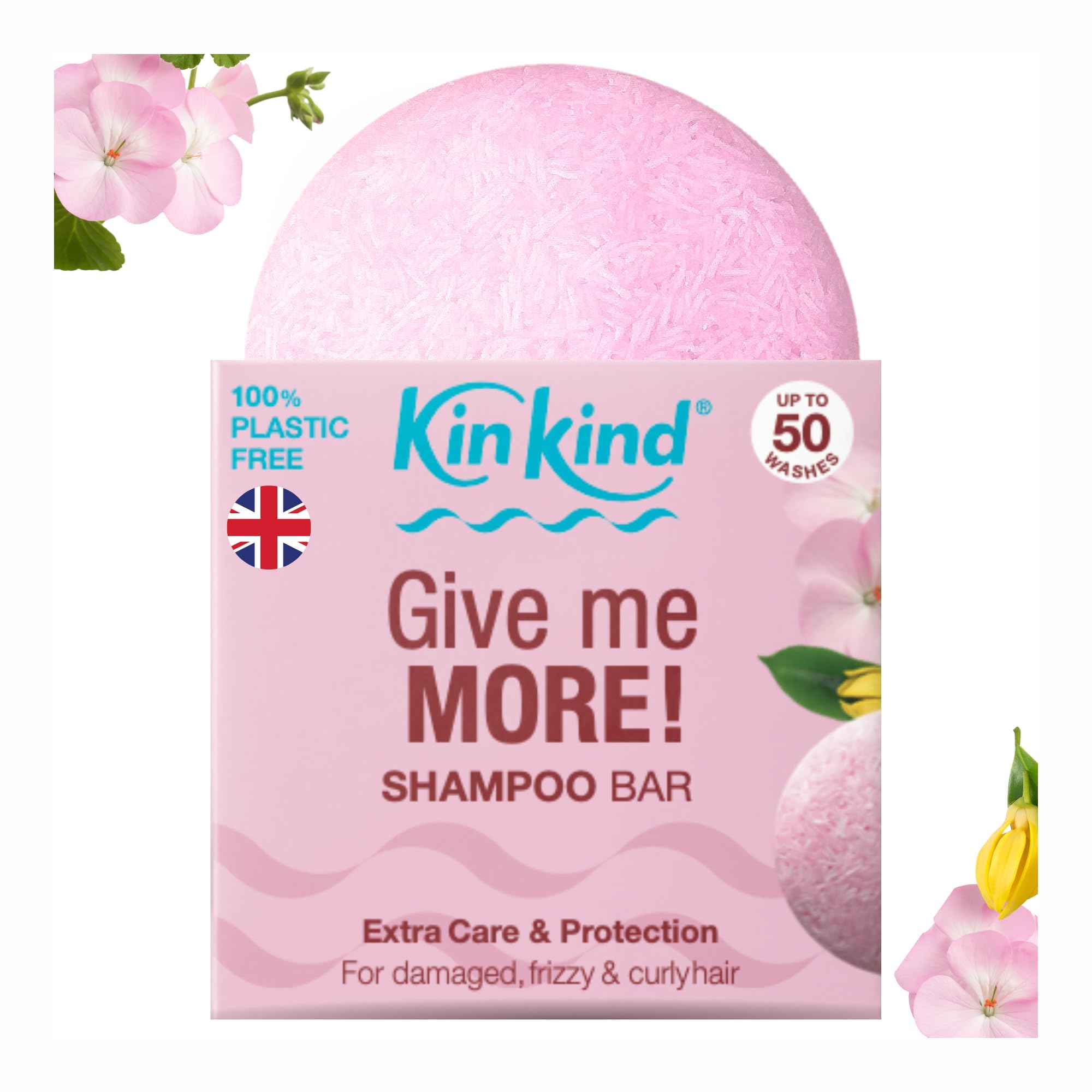 KinKind Give me MORE! Shampoo Bar for for Curly, Damaged & Frizzy hair. Extra Care & Protection. Up to 50 washes. Vegan. No silicones or parabens. UK made. 50g