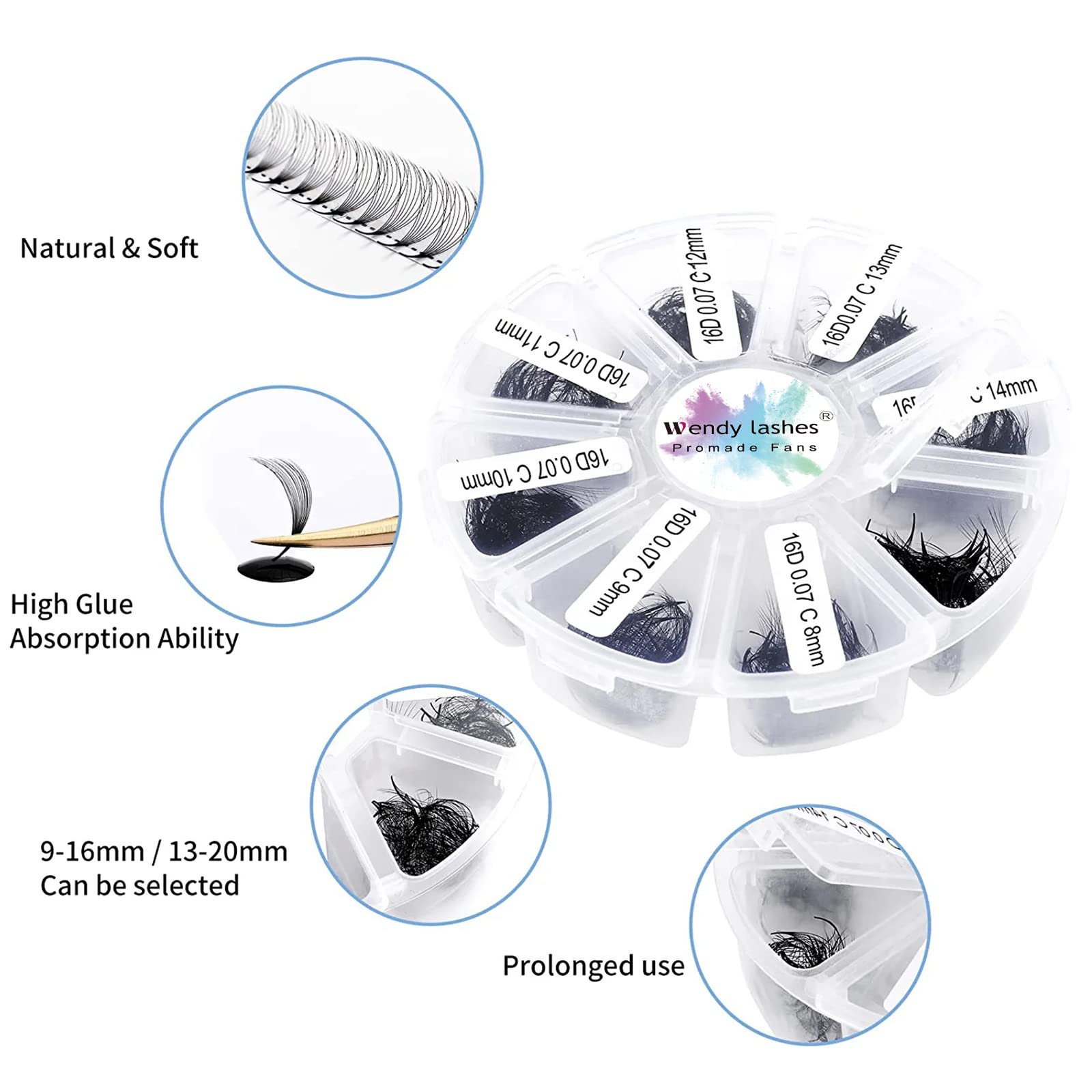 Pre Made Fan Eyelash Extensions 16D 0.07mm D Curl 500 Fans 9-16mm Mixed Tray Premium Premade Fans Volume Russian Lash Extensions Handmade Promade Loose Fans Lash(500-16D-0.07-D-916)