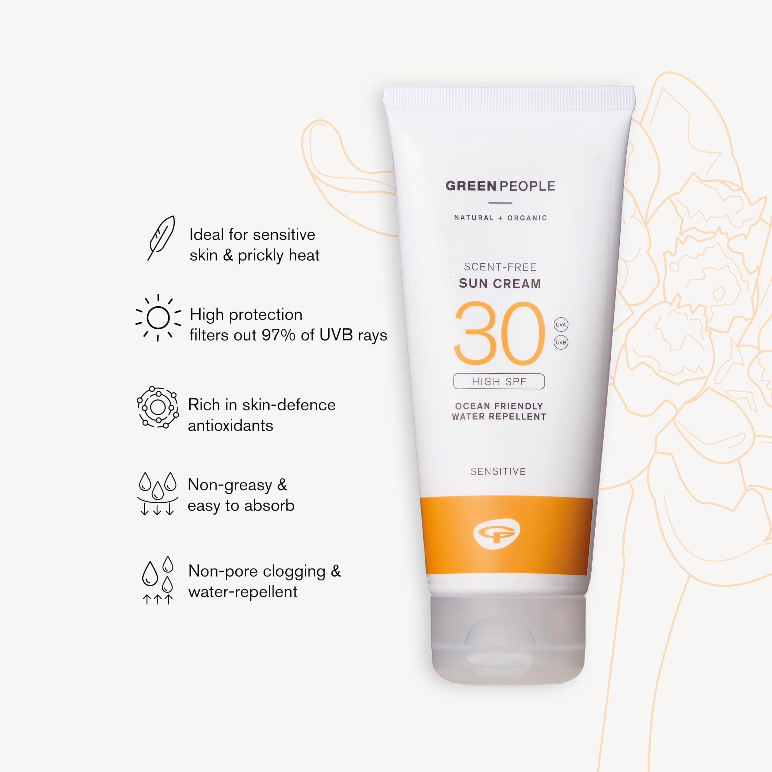 Green People Scent Free Sun Cream SPF30 - Natural Sunscreen for Face & Body - Suitable for Sensitive Skin - Non Comedogenic, Reef Safe, 200ml