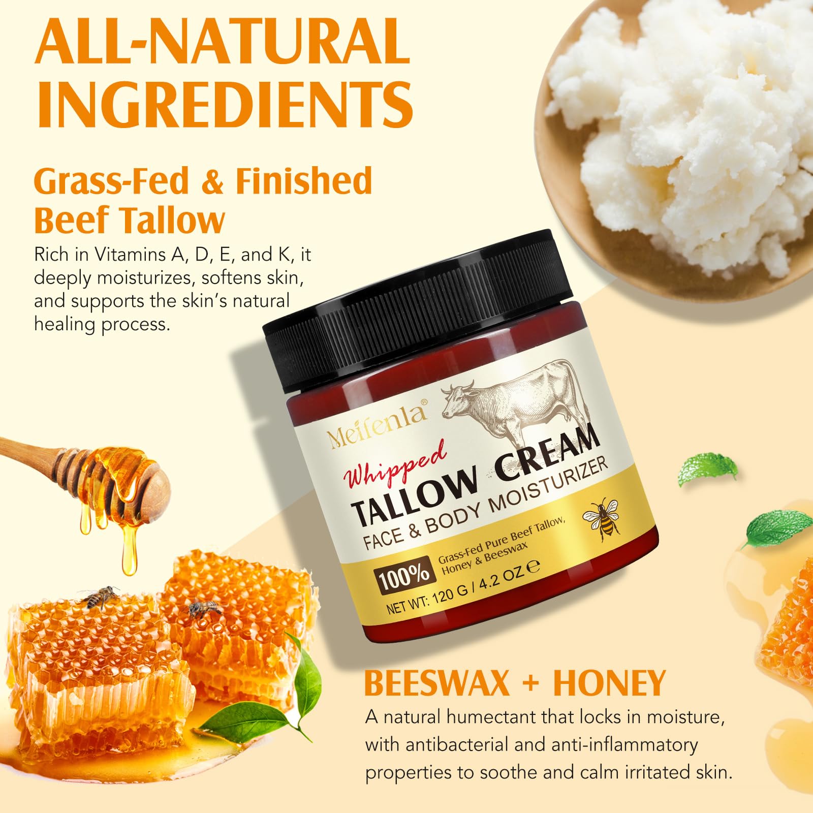 Beef Tallow for Skin,Meifenla Tallow and Honey Cream Natural Tallow Face Moisturizer, Organic Hydrating Beef Tallow Balm Deeply Moisturizing for Face & Body Skin Care