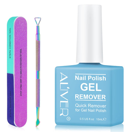 PLOBRT Gel Nail Polish Remover - Quick & Easy Remove in 3-5 Mins, With Polish Scraper and Nail File, No Damage To Nails, Blue