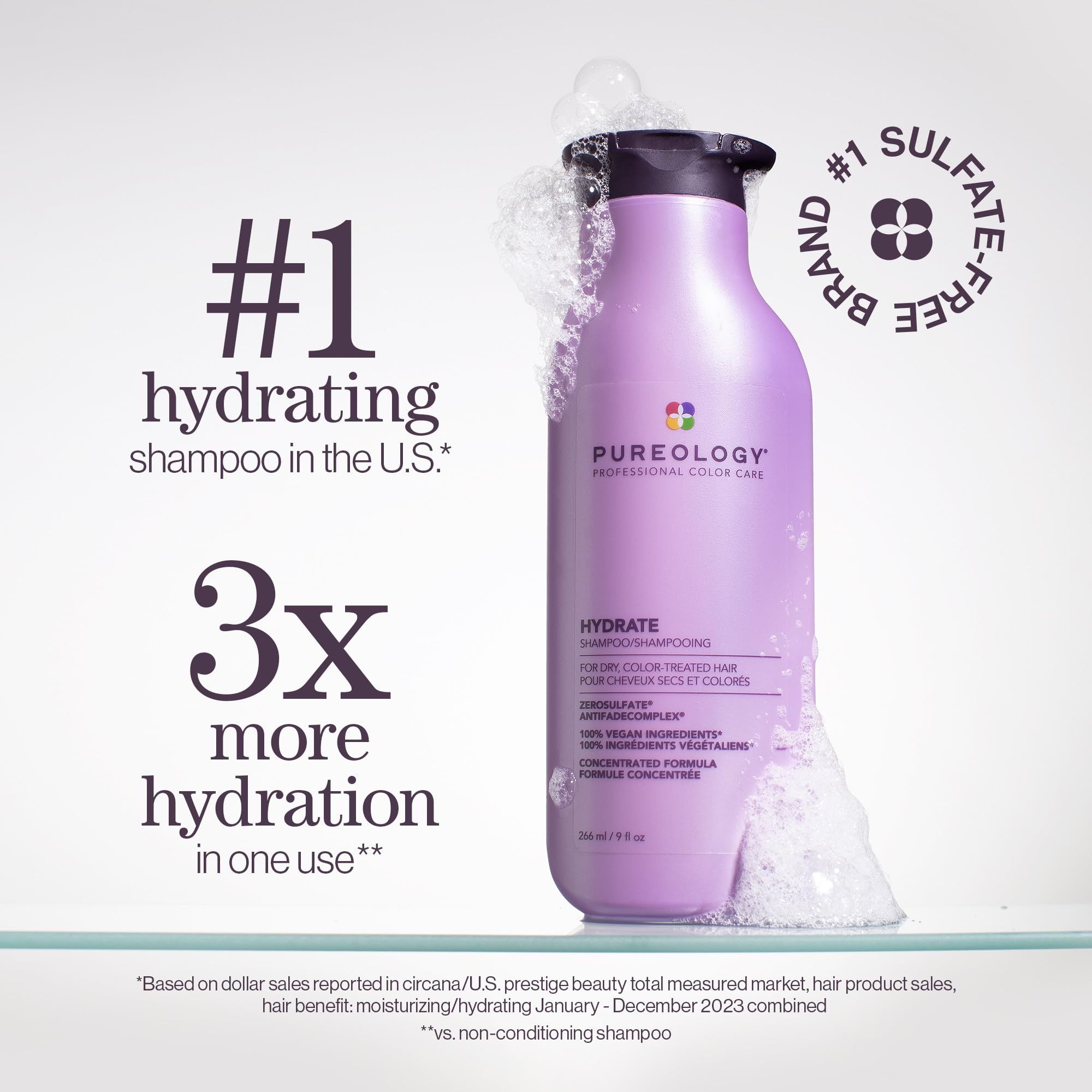 Pureology Hydrate Moisturizing Shampoo | For Medium to Thick Dry, Color Treated Hair | Sulfate-Free | Vegan