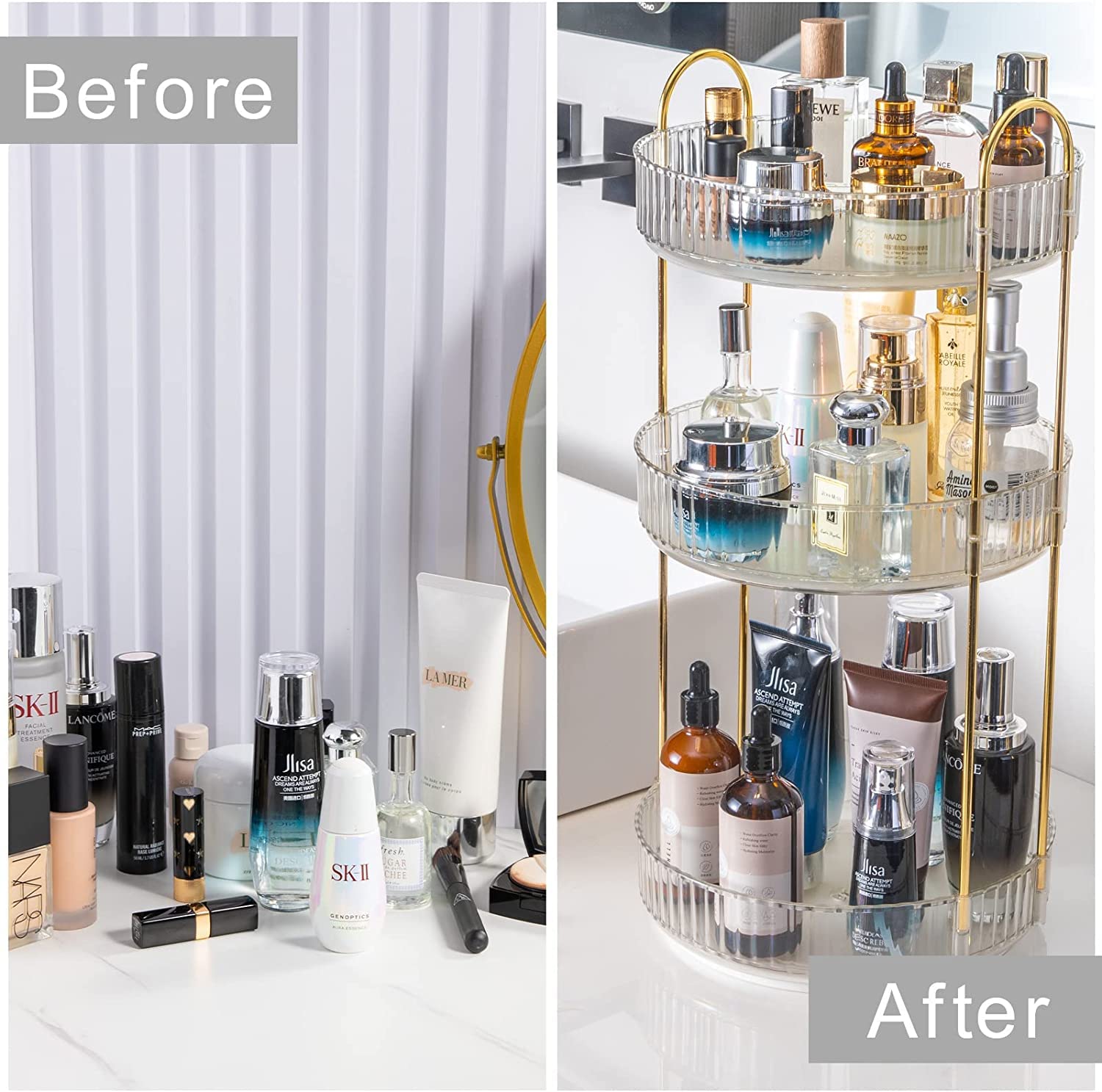 Bingobang Makeup Organiser 360 Rotating, Spinning 3 Tiers Skincare Cosmetic Organizer Acrylic Large, Tidy Storage Shelf for Perfume, Jewelery, Brush, Vanity Desk, Dresser, Bedroom, Bathroom (White)