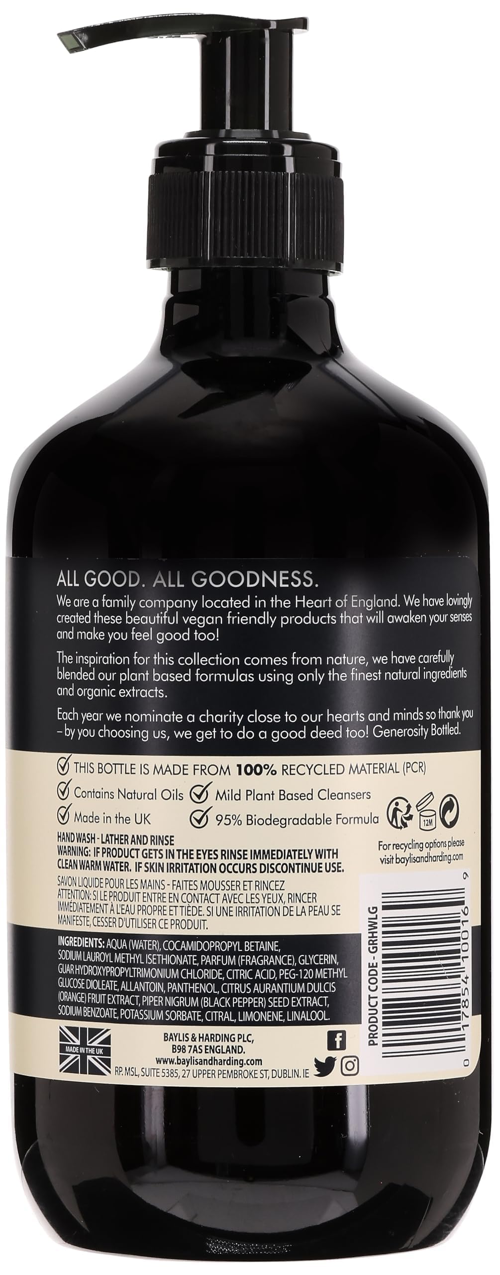 Baylis & Harding Liquid Hand Soap Wash with Dispenser, Goodness, Lemongrass & Ginger, 16.9oz/500ml (3-Pack)