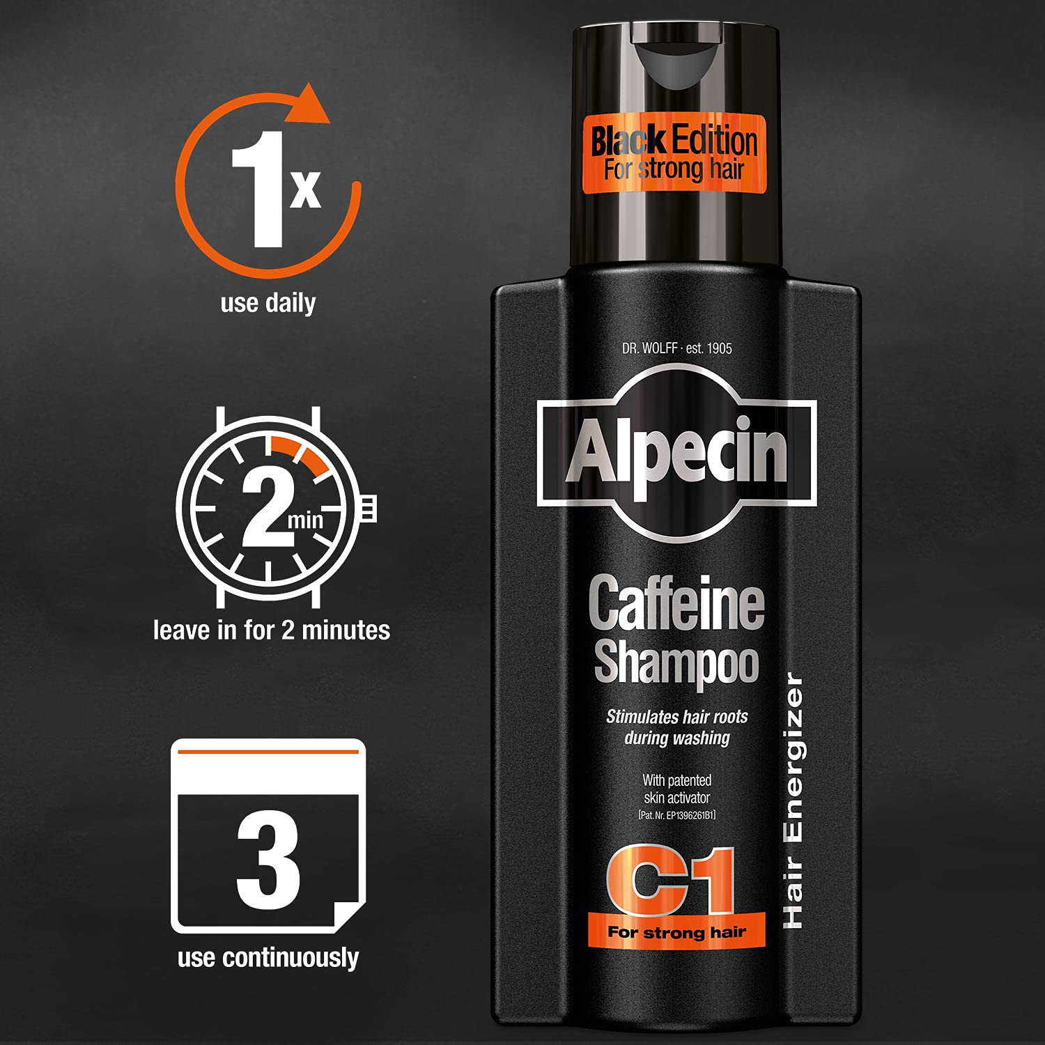 Alpecin Caffeine Shampoo C1 Black Edition - 3 x 250 ml - with new fragrance | Natural hair growth for men | Energy for strong hair | Hair Care for Men Made in Germany