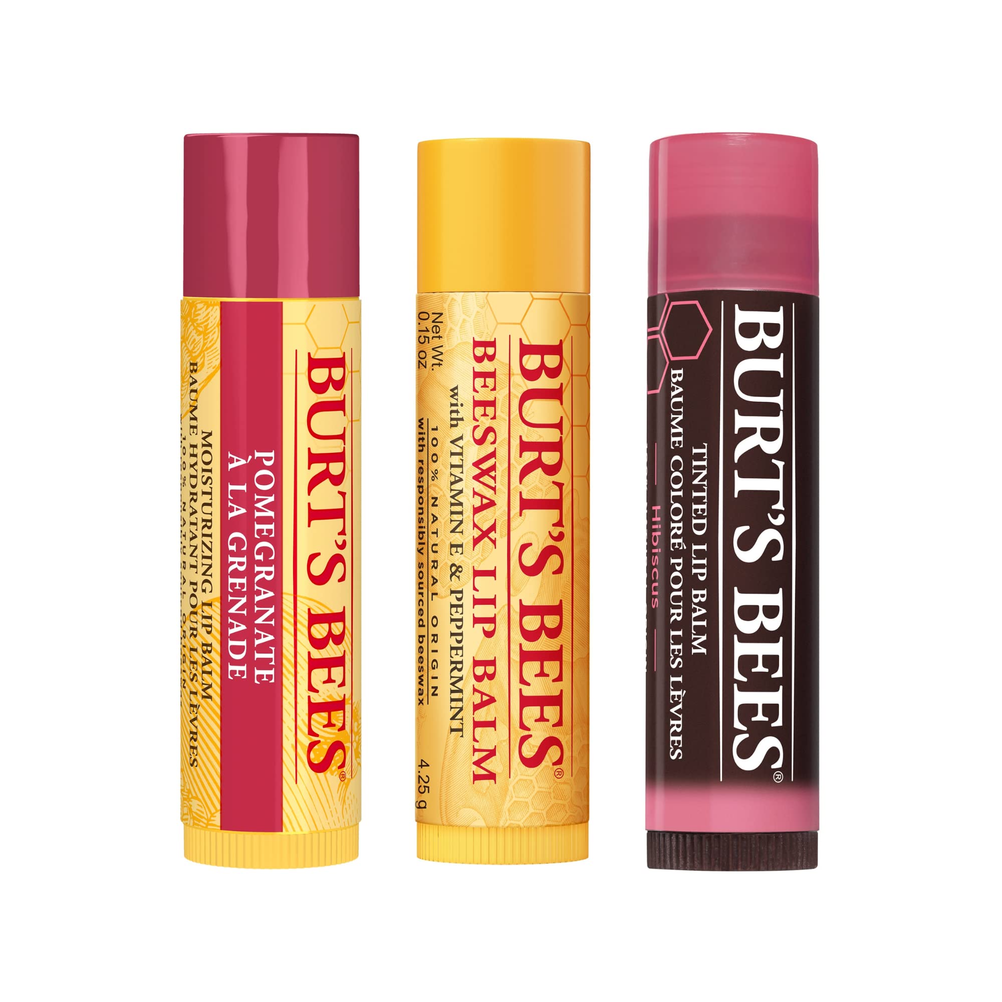 Burt's Bees Lip Balm Gift Set, Beeswax Lip Balm, Pomegranate Lip Balm, Hibiscus Tinted Lip Balm, Balm Jar, 3x4.25g