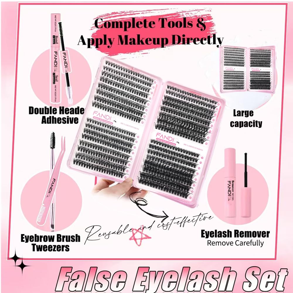 Individual Eyelashes Cluster Lashes Kit 40D+50D+60D+80D Lashes Individual Cluster Kit 8-16MM Lash Cluster Kit with Lash Bond and Seal Tweezers Remover Brush lash Extension Kit DIY at Home(C02 KIT)