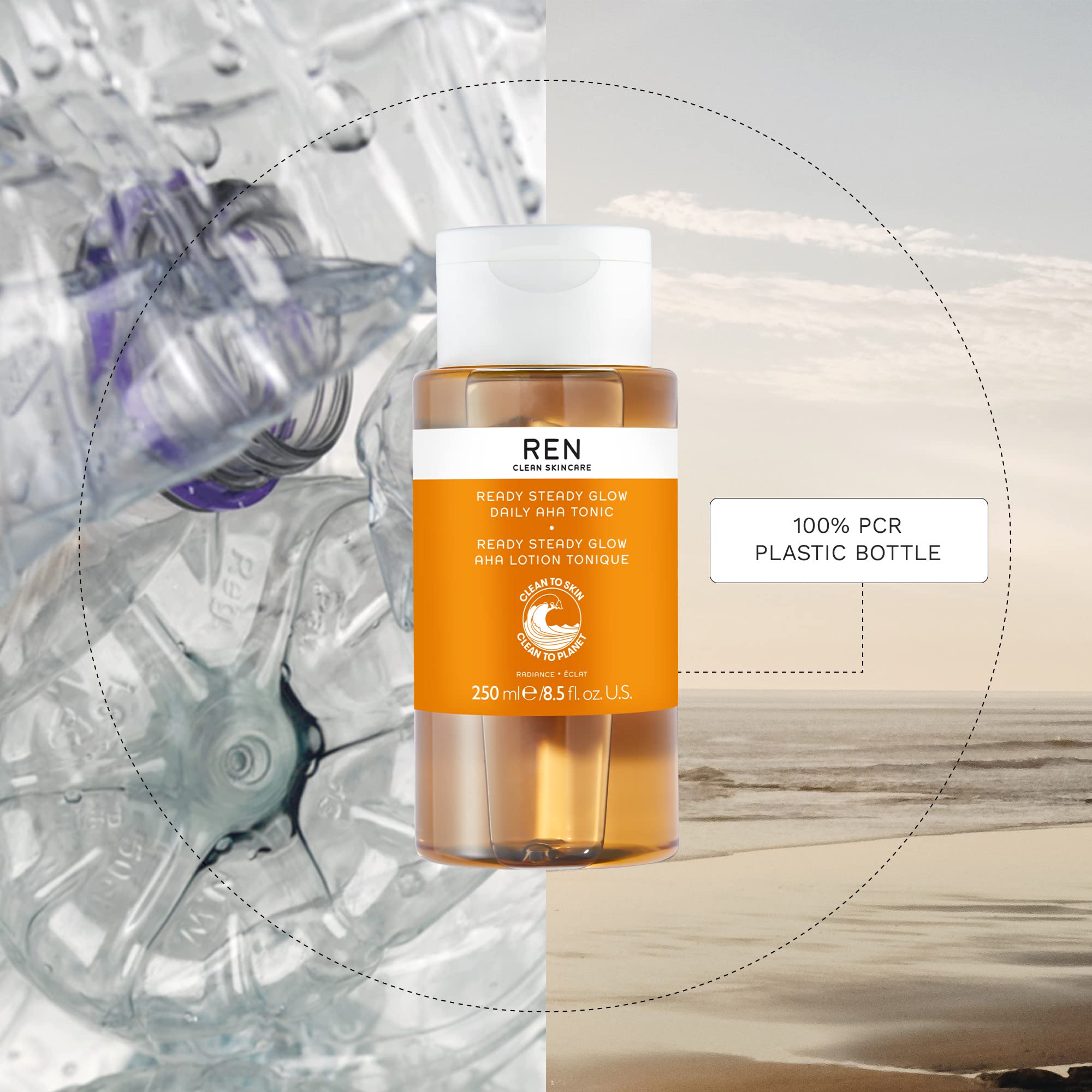 REN Ready Steady Glow Daily AHA Tonic, 250ml – Exfoliating Toner with Lactic Acid & Salicin, Brightens Skin, Reduces Pores and Dark Spots, Smooths Texture for Radiant Complexion