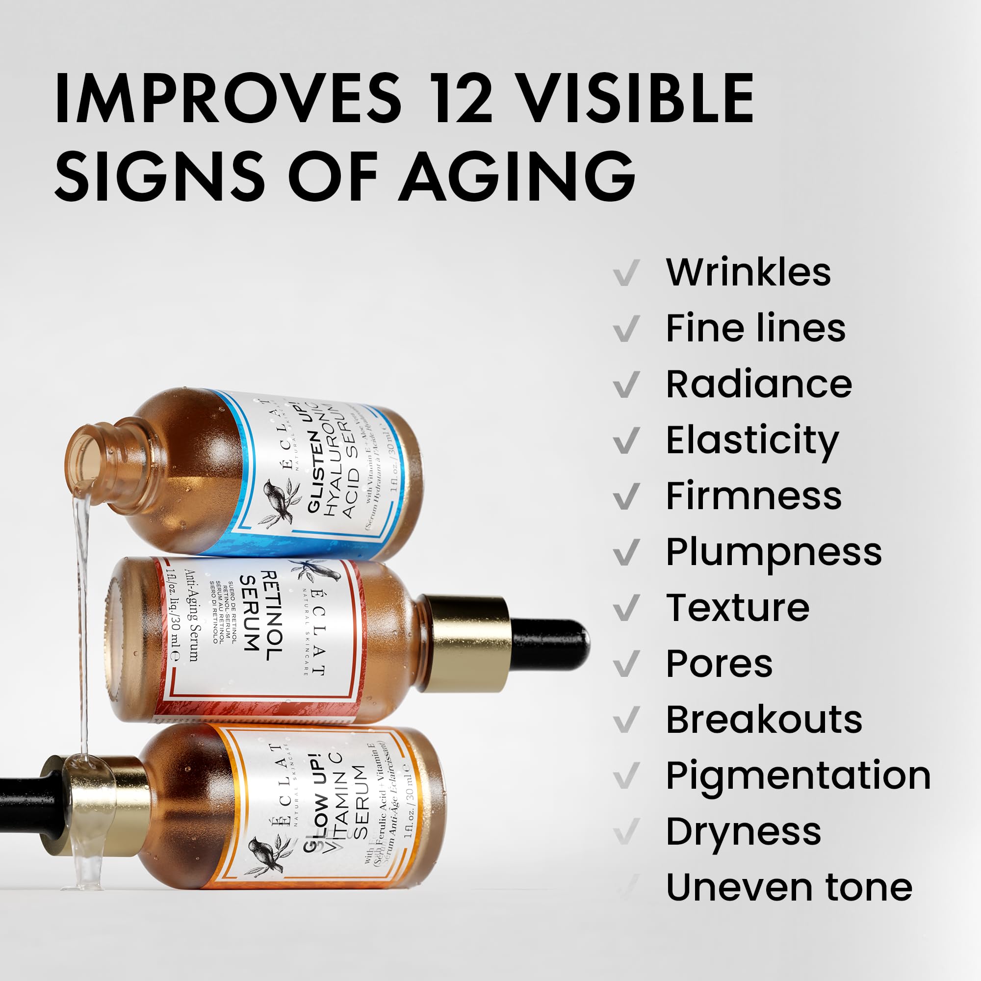 Eclat Skincare Face Serum Set – Vitamin C, Retinol, Hyaluronic Acid for Hydration & Anti-Aging – Brightening & Firming Facial Serums – 3 Pack Face Care Set