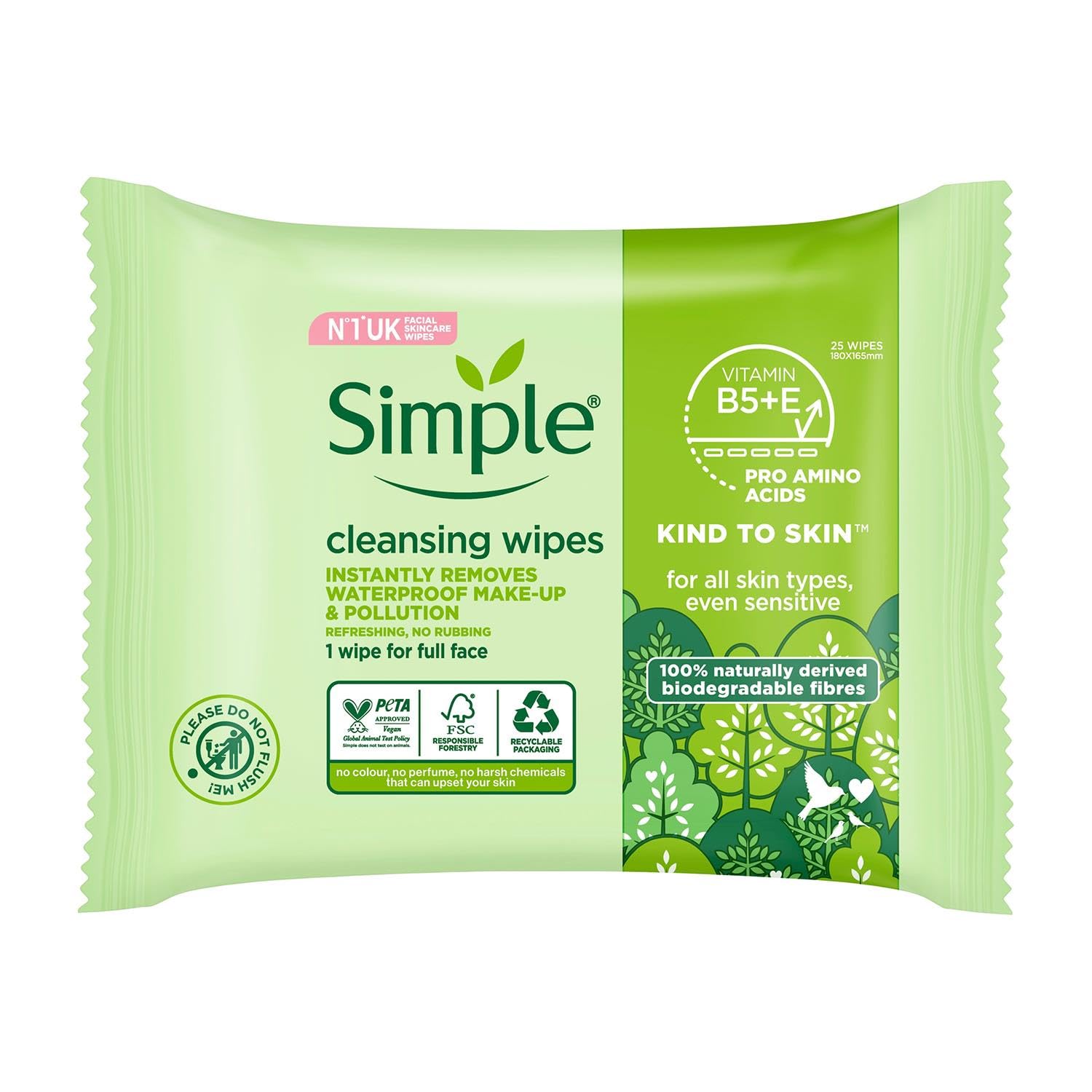 Simple Kind to Skin - Facial Wipes for sensitive skin with Glycerin, Vitamin E,and Vitamin B5 -25 Count (Pack of 6)