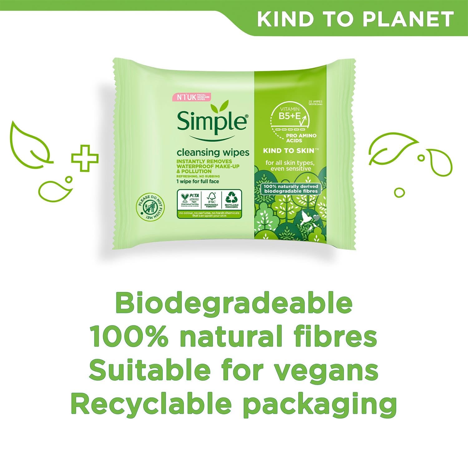 Simple Kind to Skin - Facial Wipes for sensitive skin with Glycerin, Vitamin E,and Vitamin B5 -25 Count (Pack of 6)