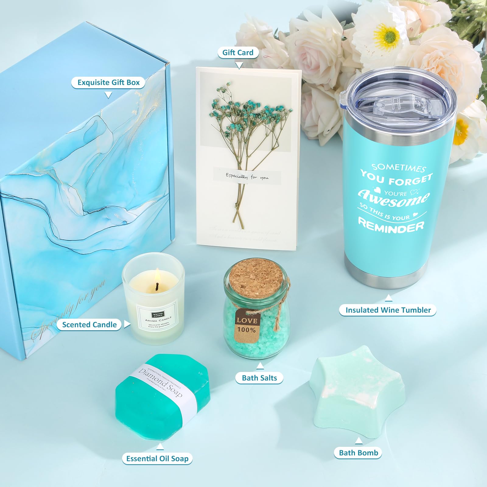 Tecanne Birthday Pamper Gifts for Women, Unique Blue Self Care Package Relaxation Spa Bath Set for Her, Ladies Pamper Hamper Birthday Gifts for Mum, Best Friends, Sister, Wife