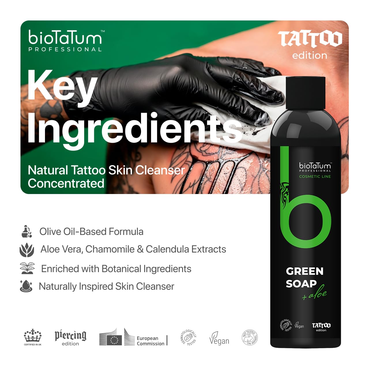 bioTaTum Tattoo Green Soap Concentrate - Professional Cleaner Foam - Cleansing Soothing Solution - Skin Clean Relieve Accessory, for Avoiding Stinging Or Skin Irritation - Cleaner Accessories