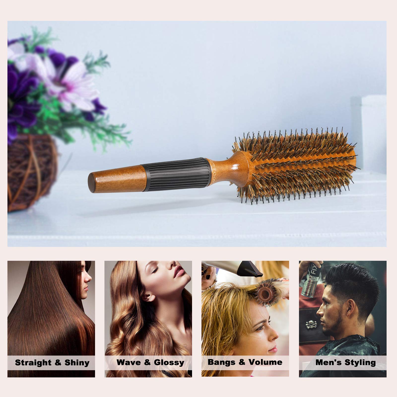 BESTOOL Round Brush for Blow Drying, Boar Bristle Round Hair Brush with Wooden Barrel, Large Styling Brush for Women & Men, Straightening, Curling, Adding Shine or Volume (2.5 Inch)