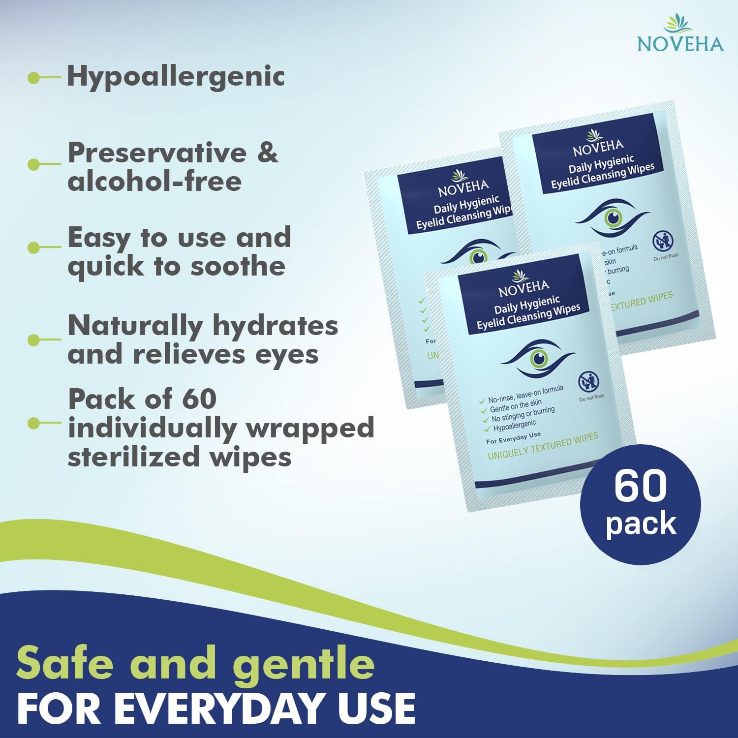 Daily Hygienic Eyelid & Lash Wipes | For Blepharitis & Itchy Eyes, Box Of 60 Individually Wrapped Eyelash Wipes, Natural Makeup Remover & Daily Cleanser
