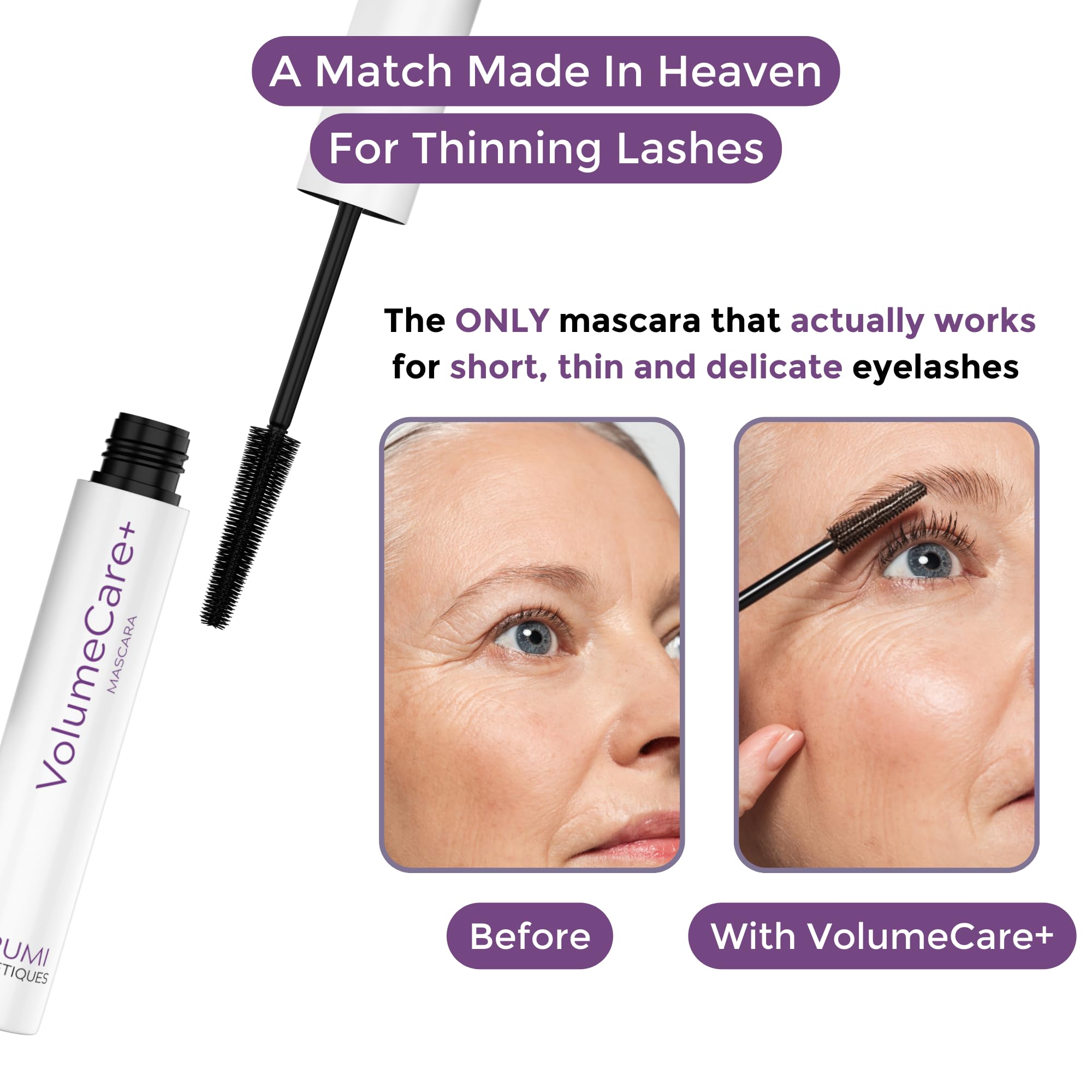 Rumi Cosmetiques VolumeCare+ Mascara For Older Women - Extreme Length and Volume 2-in-1 Formula - No Clumps, Long-wearing, Hypoallergenic Mascara For Sensitive Eyes (Dark Brown)