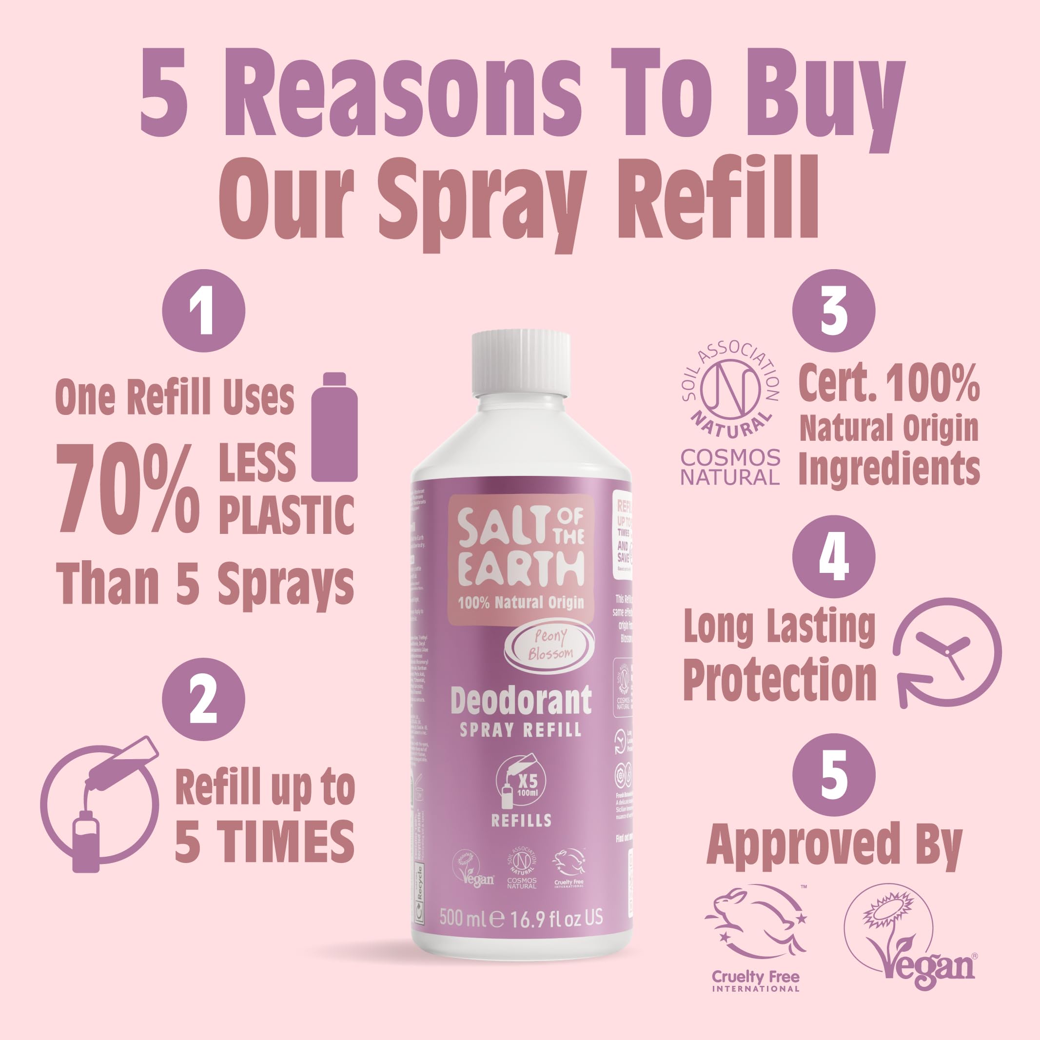 Salt of the Earth - Natural Deodorant Spray Refill - Certified Natural, Vegan, Long Lasting Protection, Leaping Bunny Approved, Made in the UK - 500ml (Peony Blossom, 500ml)