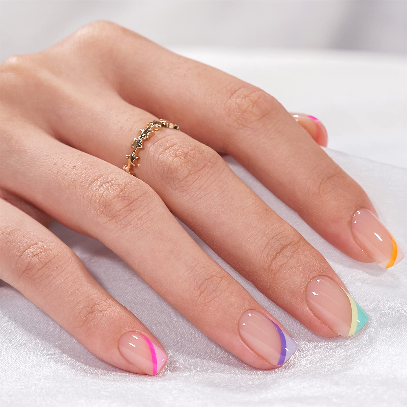 BTArtbox Press On Nails Short, 30 Pcs French Tip False Nails With Nail Glue and Adhesive Nail Tabs, No Fade Out Stick On Nails in 15 Sizes, Soft Gel Glue On Fake Nail for Women, Pastel Curves