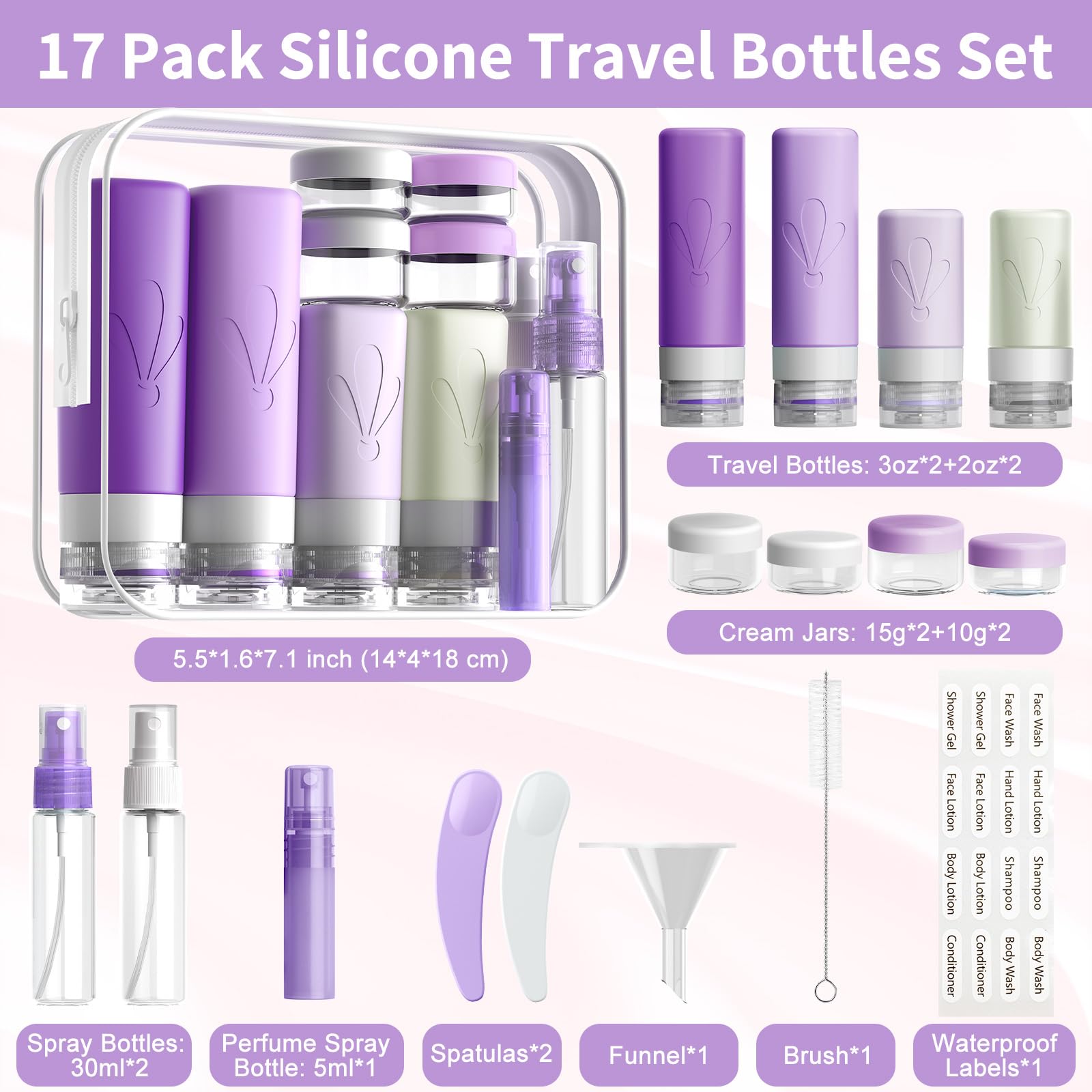 INSFIT 17 Pack Travel Bottles for Toiletries, CAA Approved Travel Size Containers with Labels, BPA Free Leak Proof Squeezable Silicone Tubes for Shampoo Conditioner Lotion Body Wash