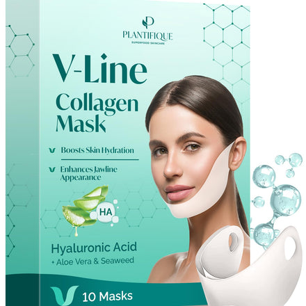 Plantifique Collagen Face Mask V-Line 10 Pcs for Skin Firming & Tightening, Double Chin & Jawline Lifting