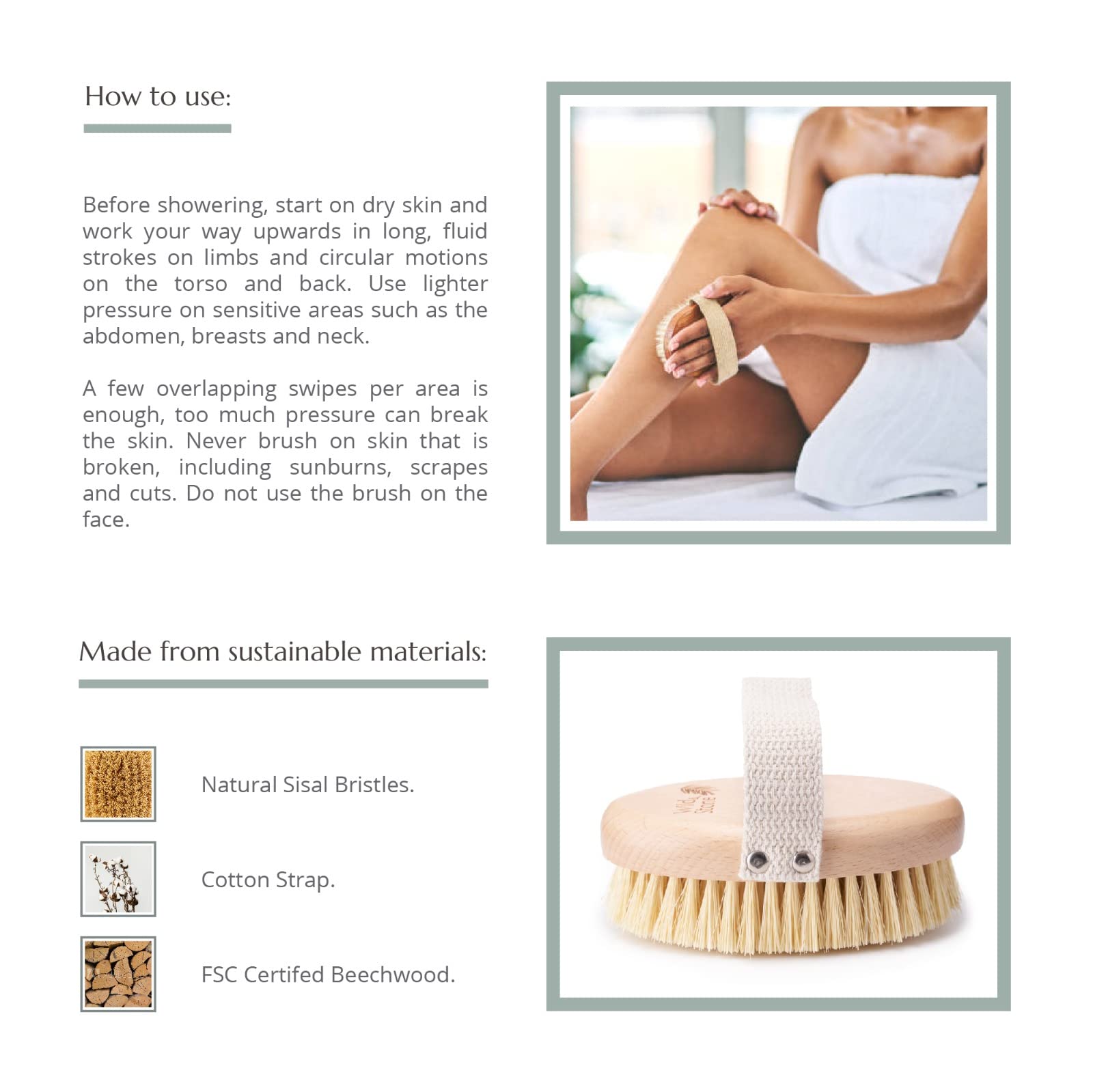 Wild & Stone | Dry Brushing Body Brush | Gentle Exfoliating Brush | Cellulite Remover | Body Exfoliator | Natural & Sustainable Body Brush