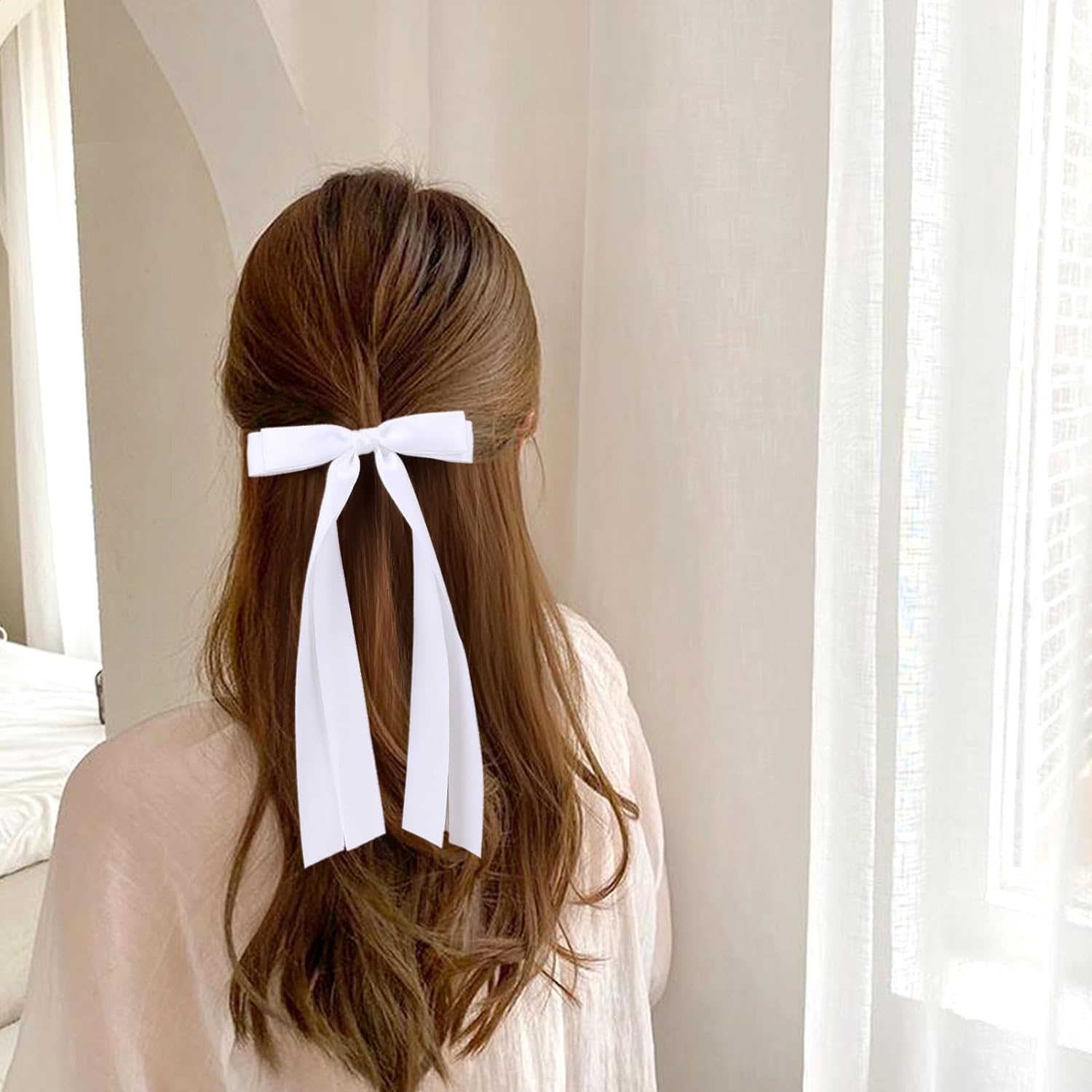 2 Pack Ribbon Bows for Hair, White Bow Hair Clips with Long Tails Hair Ribbons for Girls Women (White)