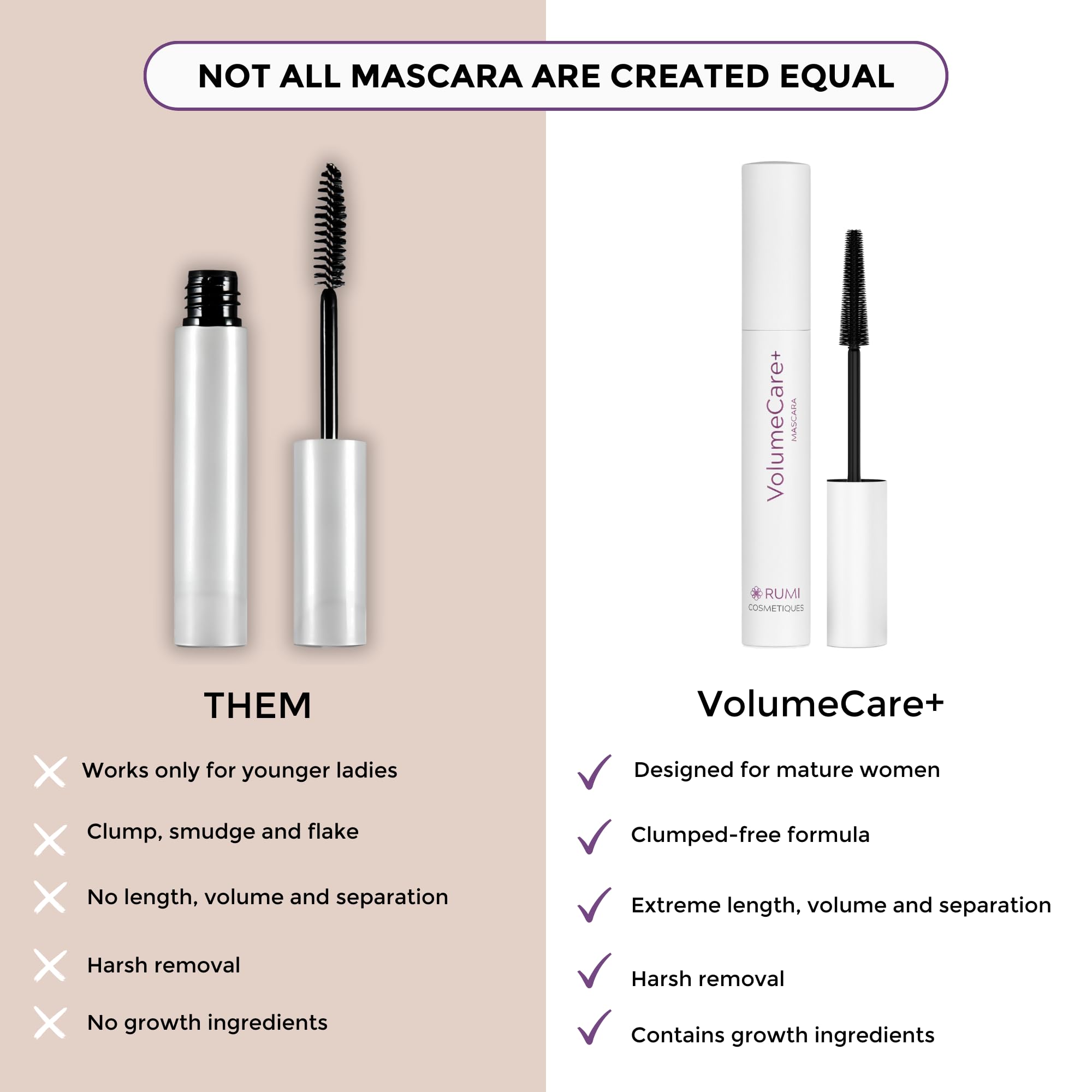 Rumi Cosmetiques VolumeCare+ Mascara For Older Women - Extreme Length and Volume 2-in-1 Formula - No Clumps, Long-wearing, Hypoallergenic Mascara For Sensitive Eyes