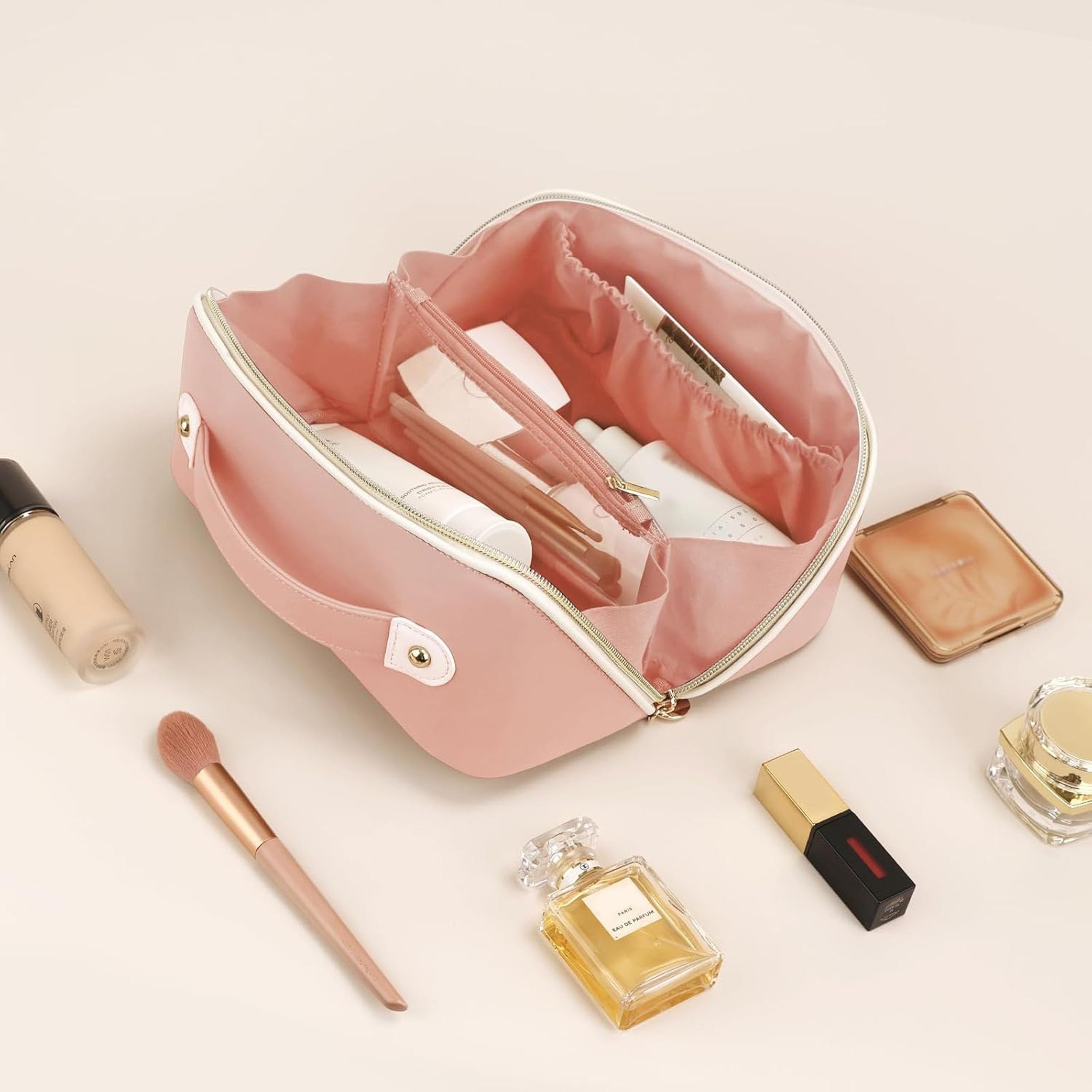 Prite Large Capacity Makeup Bag Portable Travel Cosmetic Bag Waterproof Toiletry Case with Clear Divider and Handle (Pink)