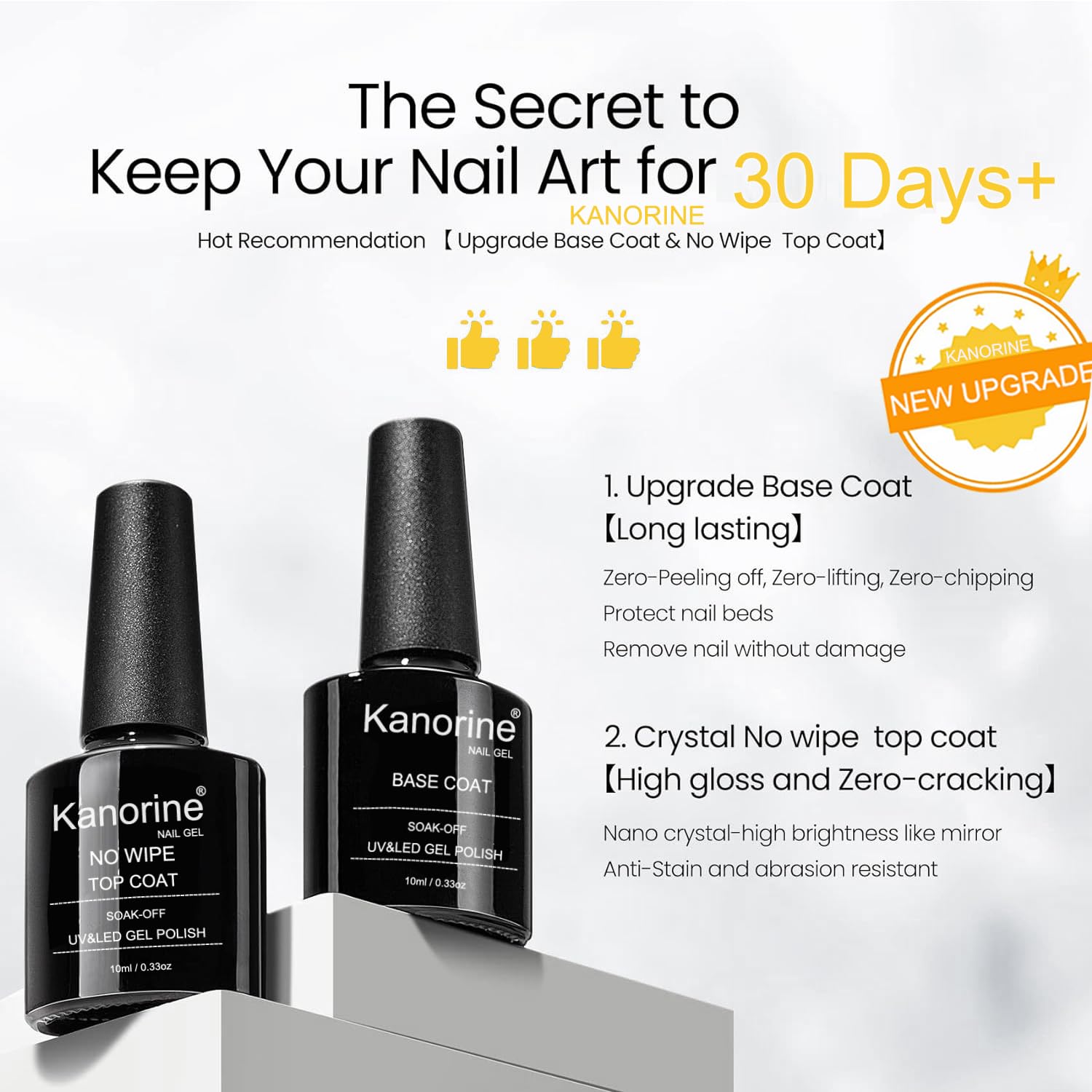 Kanorine™ No Wipe Top Coat and Base Coat Set Gel Nail Polish Soak-Off UV/LED Gel Nail Lacquer Shine Finish and Long Lasting,- 2 x 10ml