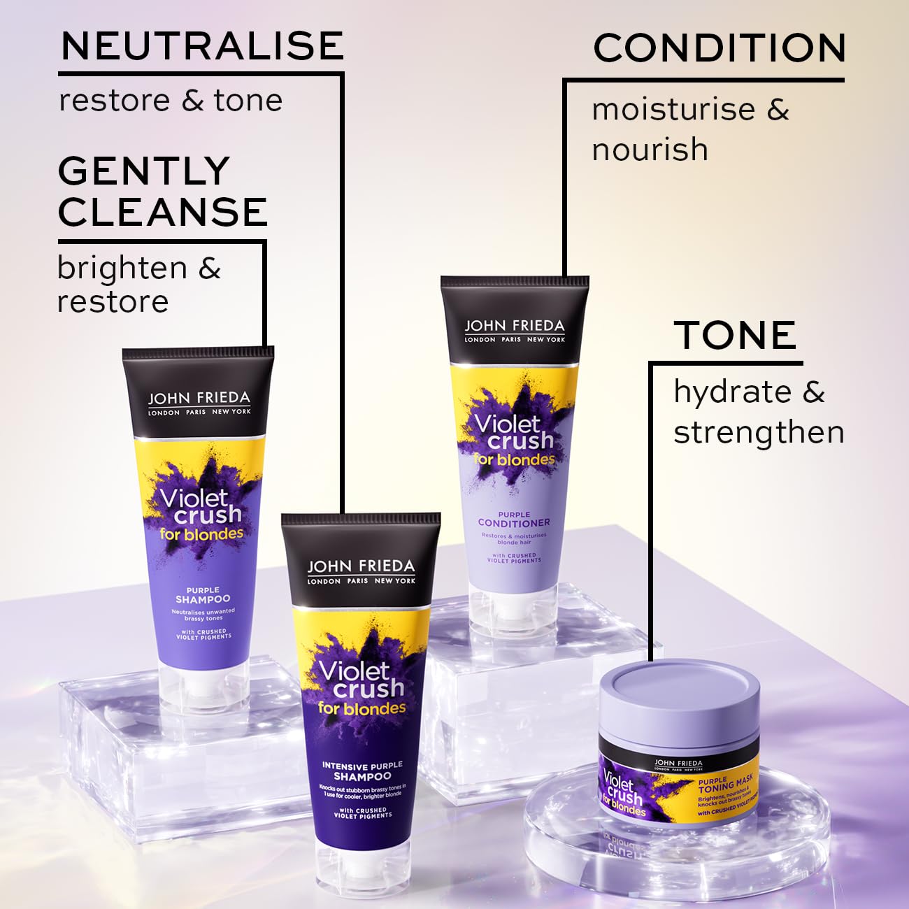 John Frieda Violet Crush Purple Shampoo and Purple Conditioner Bundle, 2 x 500 ml, Neutralising and Toning Shampoo and Conditioner
