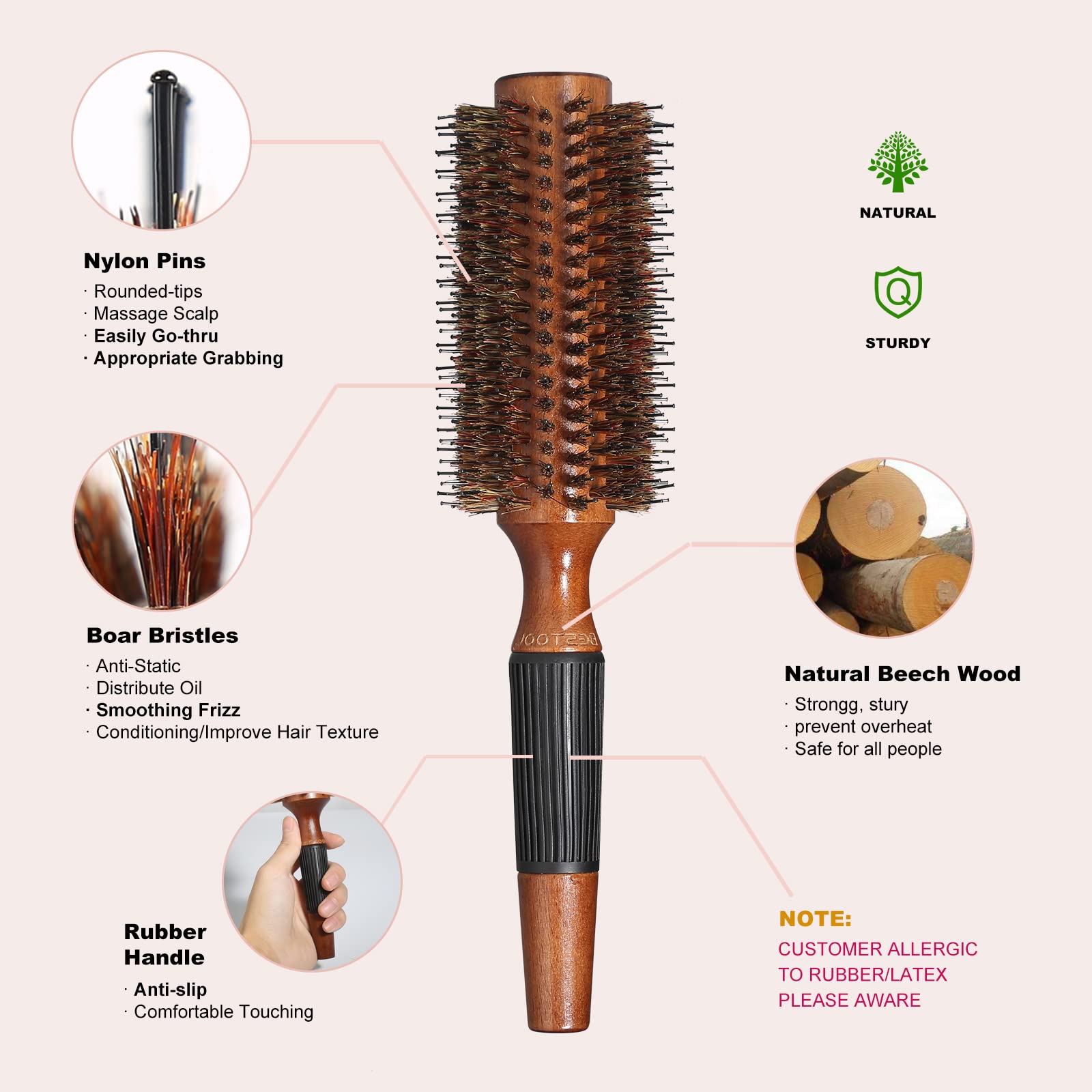 BESTOOL Round Brush for Blow Drying, Boar Bristle Round Hair Brush with Wooden Barrel, Large Styling Brush for Women & Men, Straightening, Curling, Adding Shine or Volume (2.5 Inch)