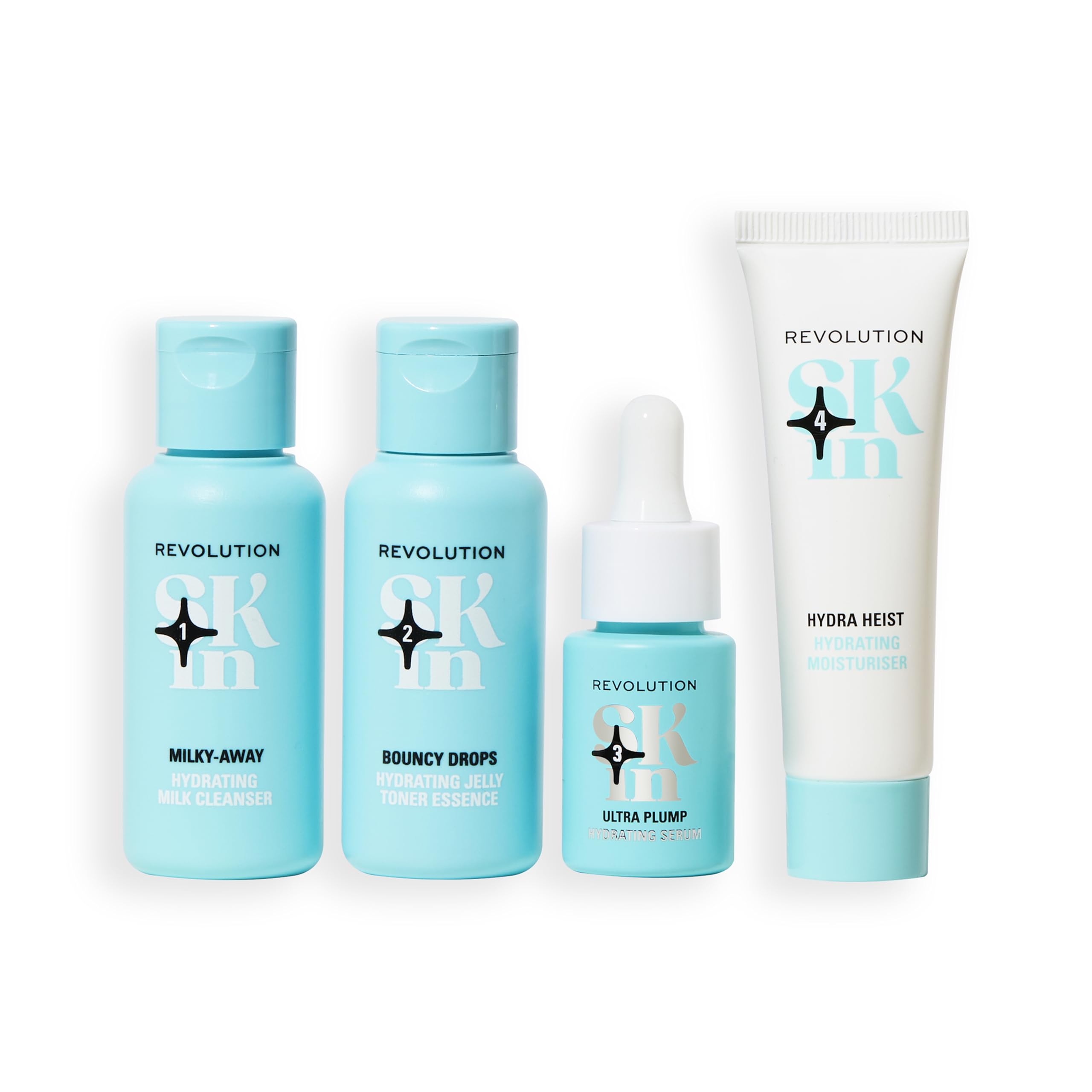 Revolution Skin, Happy Hydrate 4 Step Starter Kit, Hydrating Skincare Set Includes Cleansing Milk, Essence, Serum & Moisturise, Vegan & Cruelty-Free, 4 Products Included