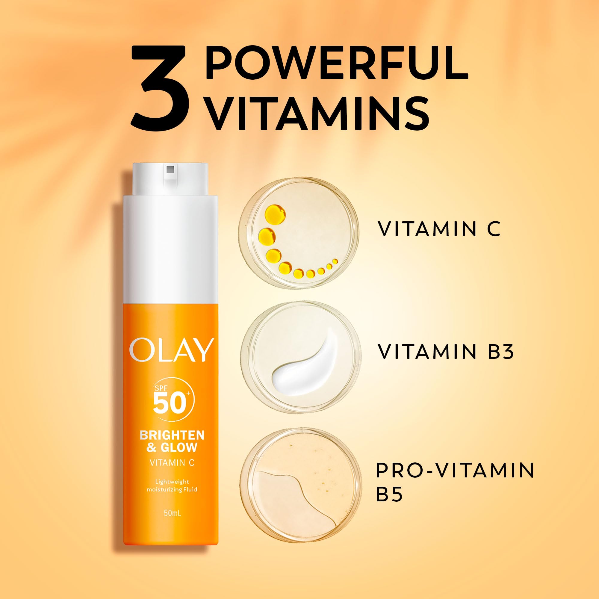 Olay Vitamin C Brighten & Glow 3in1 Moisturising Fluid SPF50+ Hydrating Skincare Moisturiser and Primer with Niacinamide, Provides Hydration, Glow, UV Protection, and Helps Correct Dark Spots, 50ml