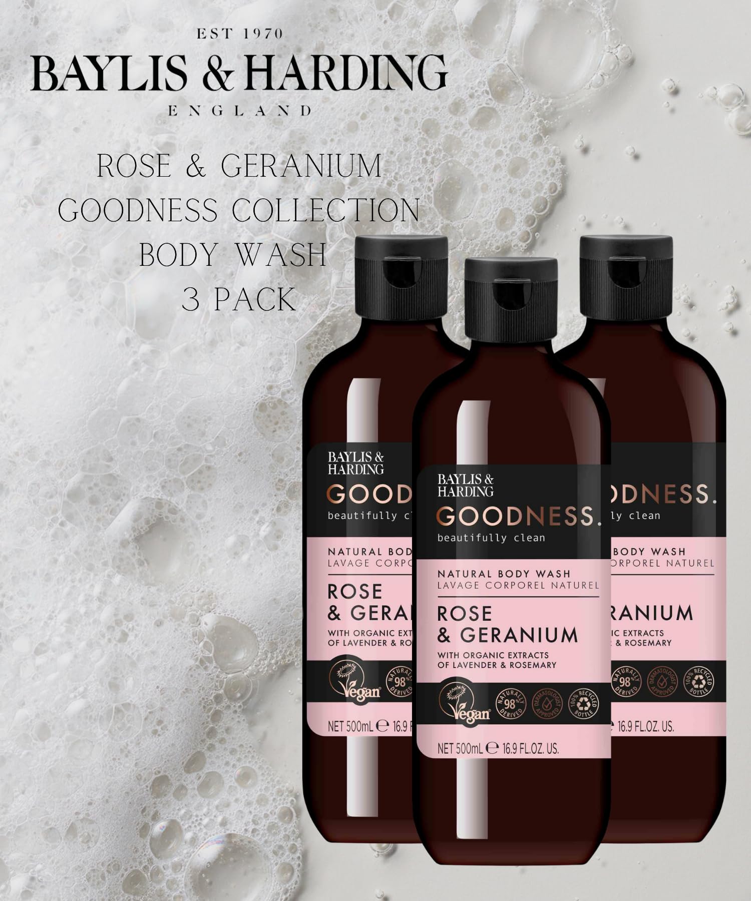 Baylis & Harding Goodness Bath Soak, Rose & Geranium Scent. Natural Bath Soak, 98% Naturally Derived, Dermatologist Approved, Vegan.