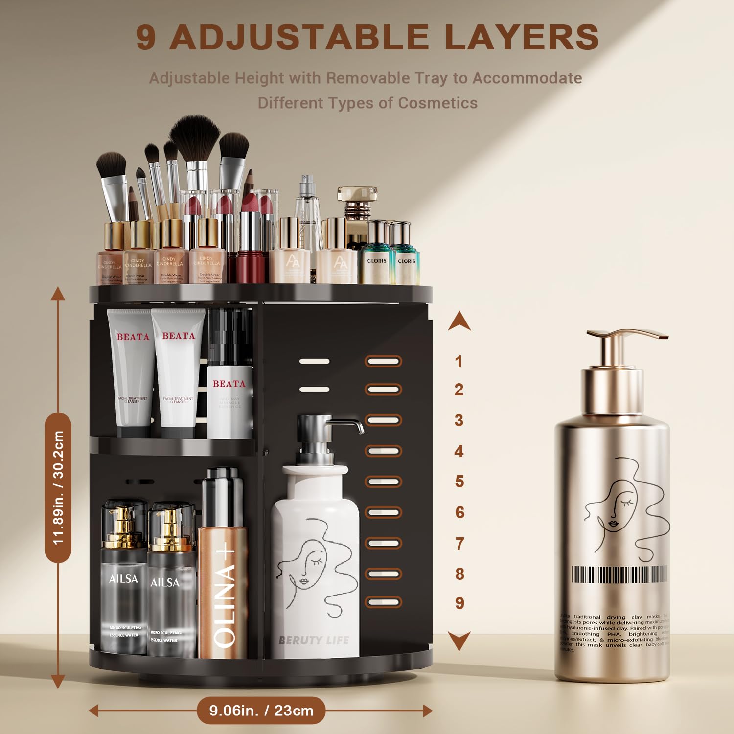 Auxmir Makeup Organiser, 9 Layers Adjustable Large Capacity Cosmetic Organsier for Jewellery, Lipsticks, 360 Degree Rotating Skincare Organiser, Make Up Storage Display for Bathroom, Bedroom, Black