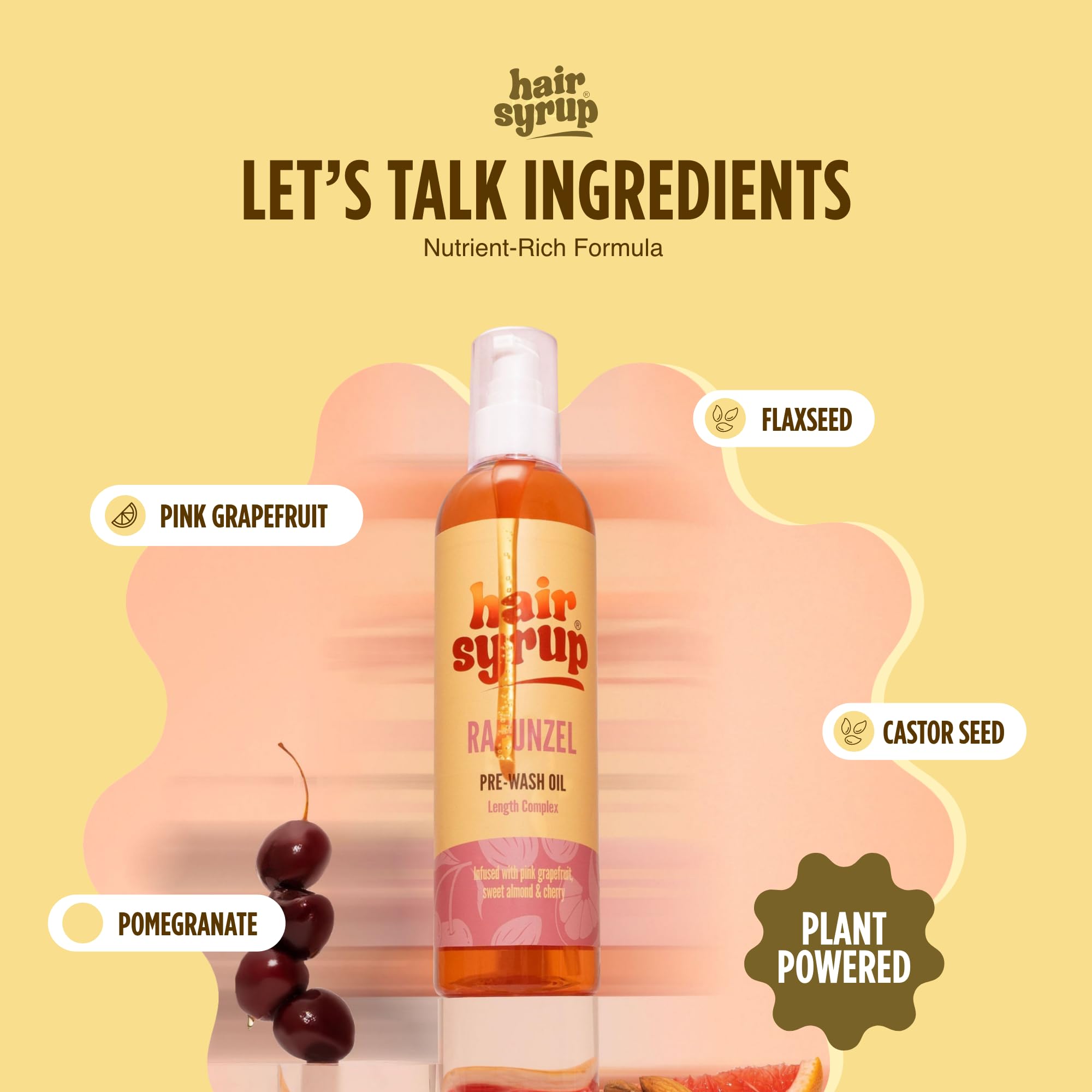 Hair Syrup | Rapunzel Pre-Wash Hair Oil | Infused with Pink Grapefruit, Sweet Almond & Cherry | Revitalise Your Scalp & Mind | Vegan | 100% Natural | 300ml Pump Bottle Applicator